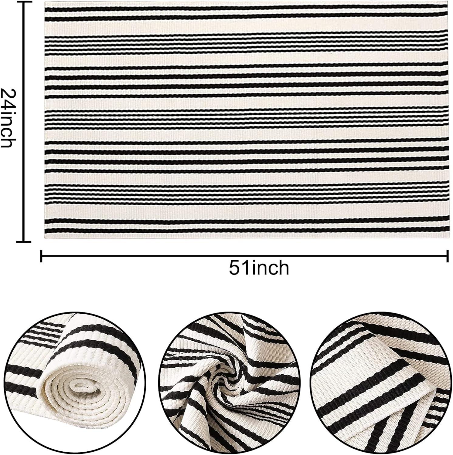 Black and White Striped Hand-Woven Outdoor Rug 24'' x 51''