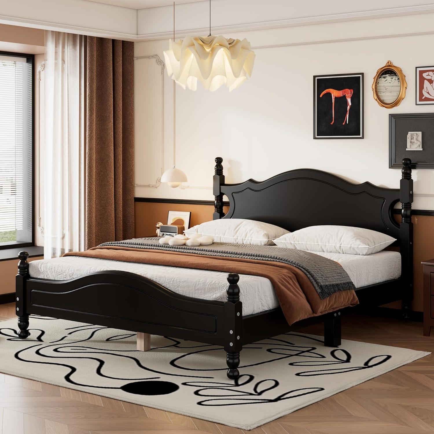 Queen Size Wood Platform Bed Frame for Boys Girls Kids Toddler,Retro Style Platform Bed with Wooden Slat Support,Black