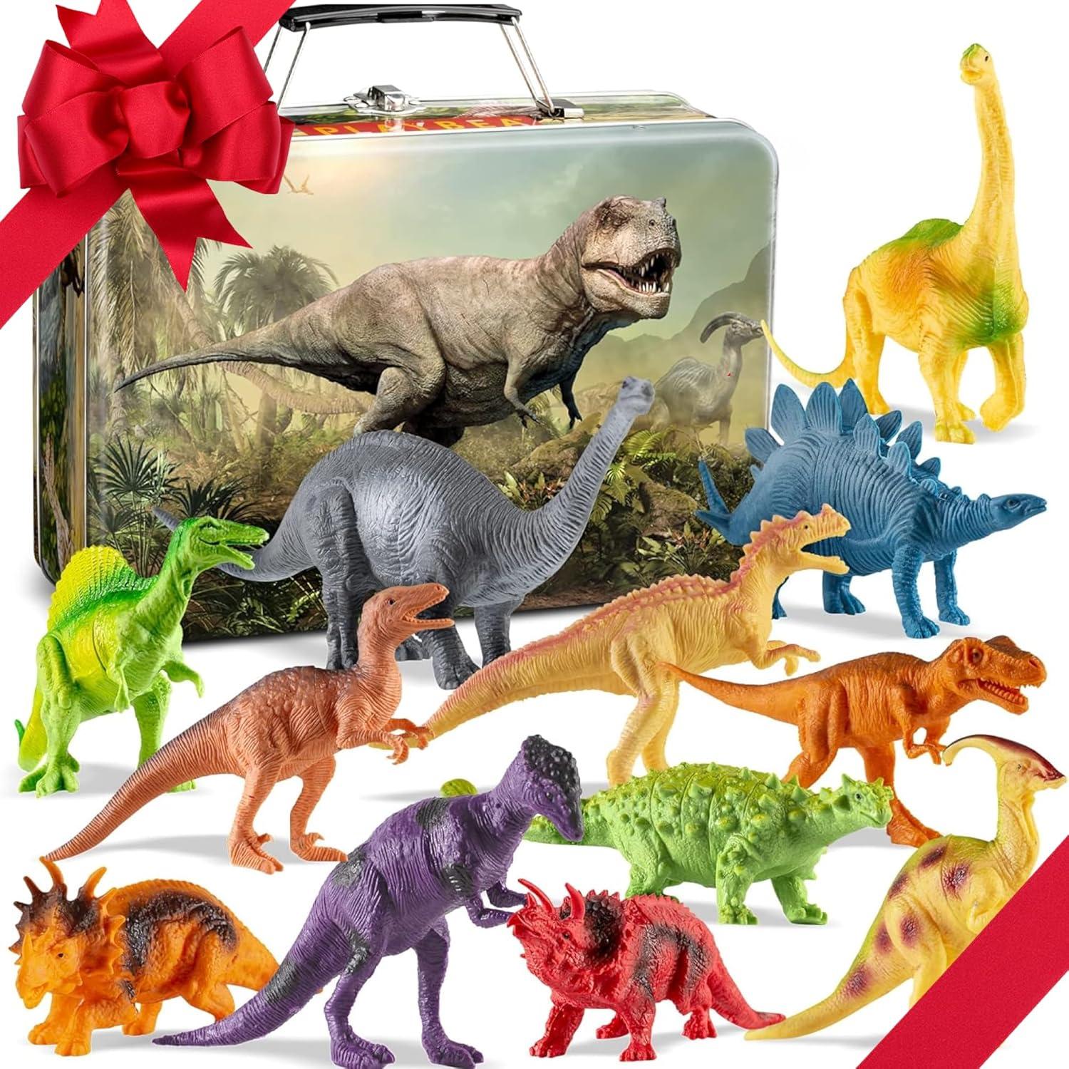 PLAYVIBE Dinosaur Toys for Kids - 12 Realistic Small Dinosaur Figures with Metal Storage Box & Soft Dino for Boys and Girls 3-7 Years - Spinosaurus Toddler Toys
