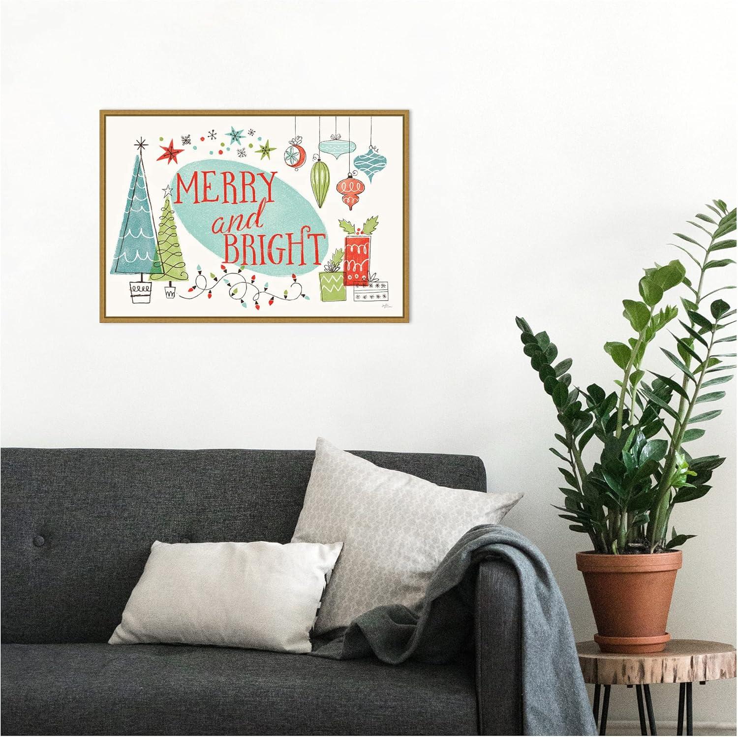 23" x 16" Merry and Bright Christmas Tree by Janelle Penner Framed Canvas Wall Art - Amanti Art: Mid-Century Modern Holiday Decor