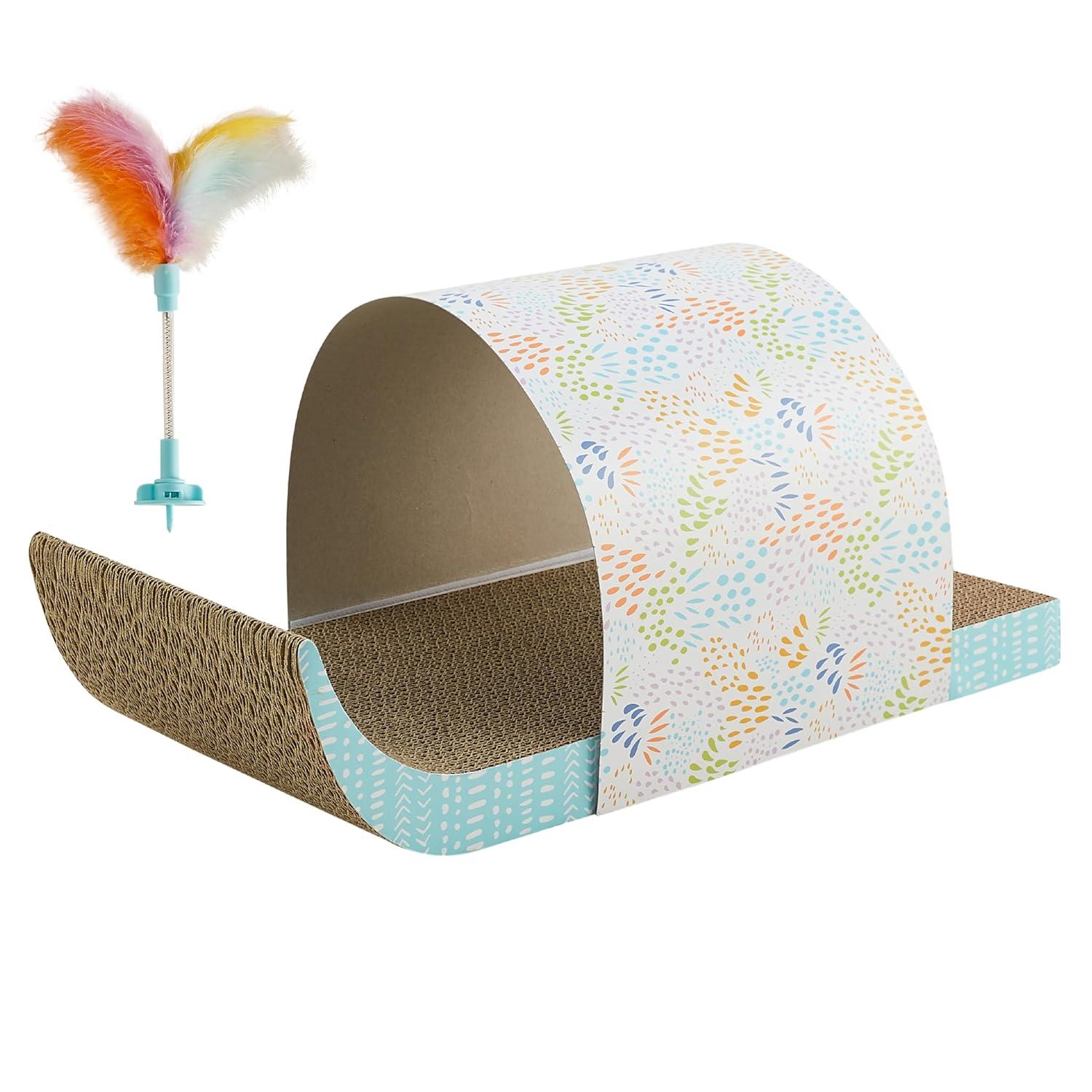 Catstages Cat Tunnel Scratcher with Feather Spring Toy and Removable Tunnel, Corrugated Scratching Pad for Rest, Play, & Nail Trimming, Multicolored