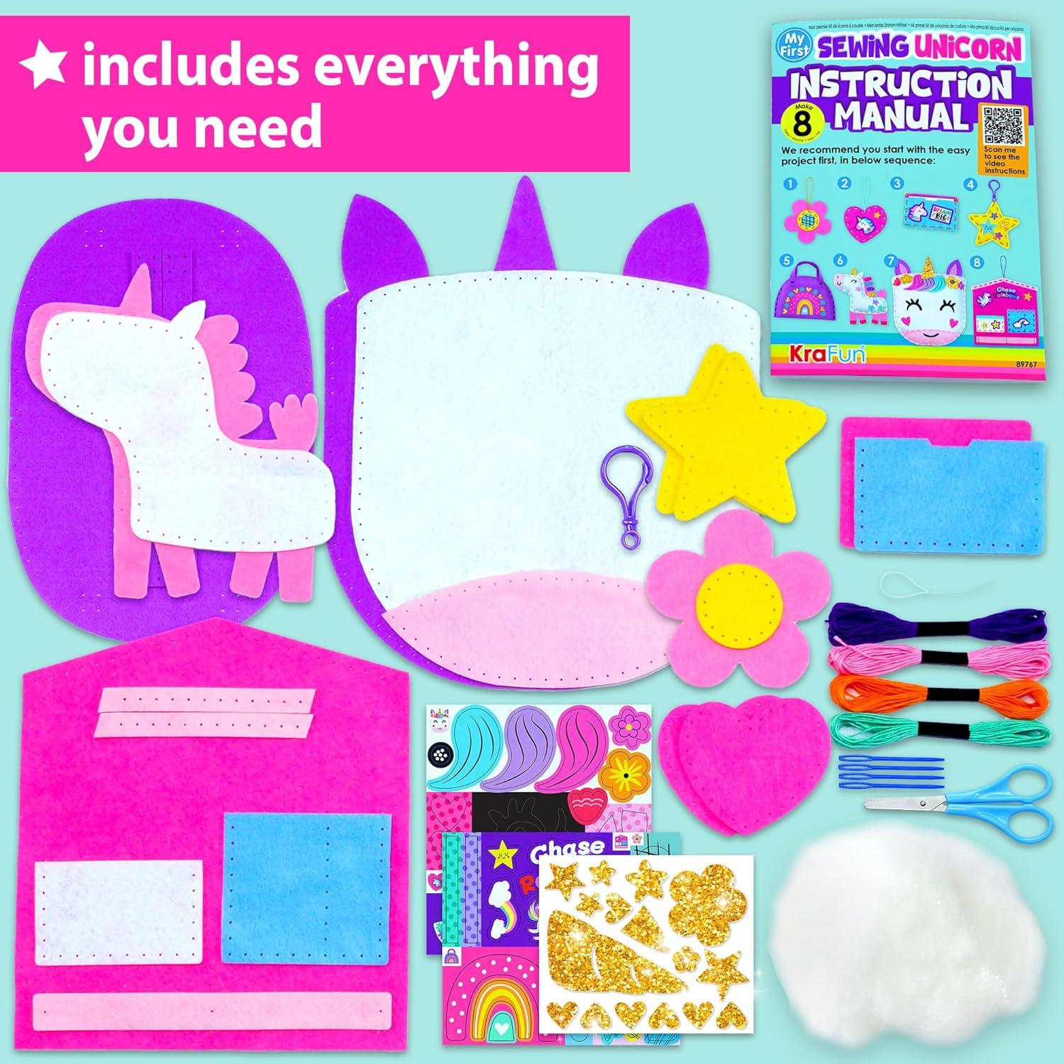 KRAFUN My First Unicorn Kids Sewing kit, Beginner Arts & Crafts, Make 8 Cute Projects with Plush Stuffed Animal, Pillow, Mobile, Keyring and Bag, Instructions & Felt for Learn Sewing, Embroidery