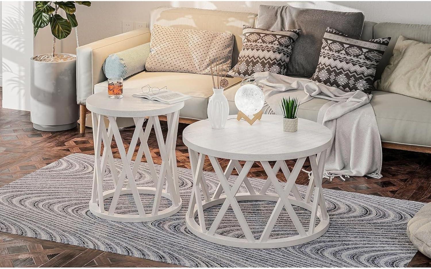 Antique White Round Wood Coffee Table with X-Motifs