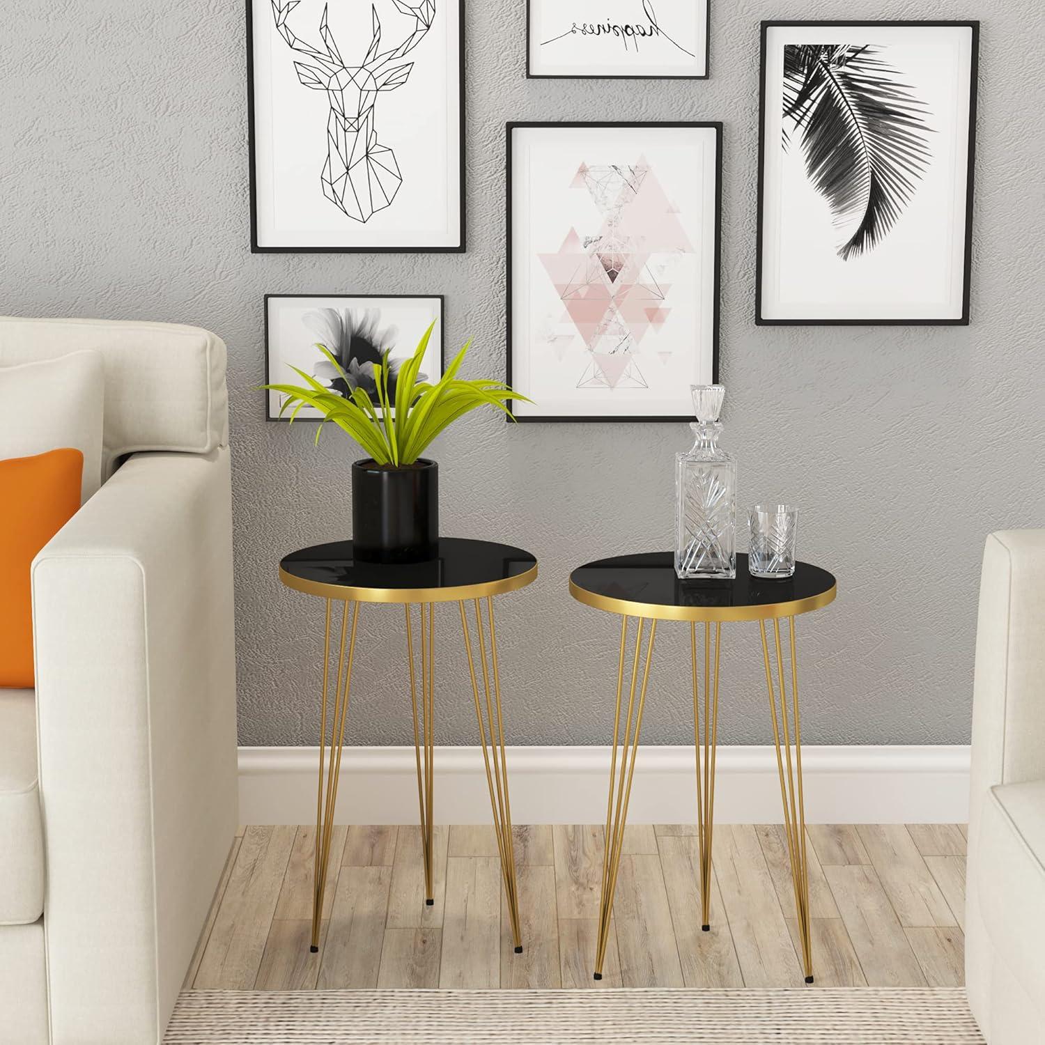 Set of 2 Black and Gold Round Wood End Tables with Metal Legs