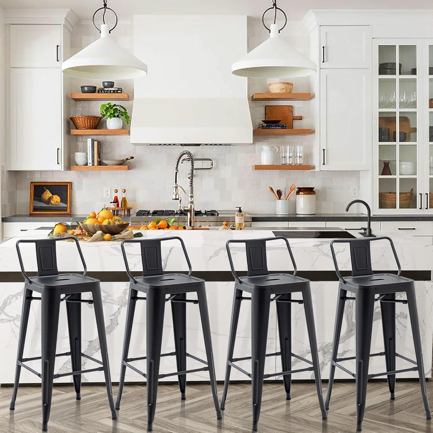 Andeworld 24" Bar Stools Set of 4,Counter Height Bar Stools with Larger Seat,Bar Stools with Back,Black Metal Bar Stools with Removable Back,Farmhouse Bar Stools,High Back Kitchen Bar Stools Chair