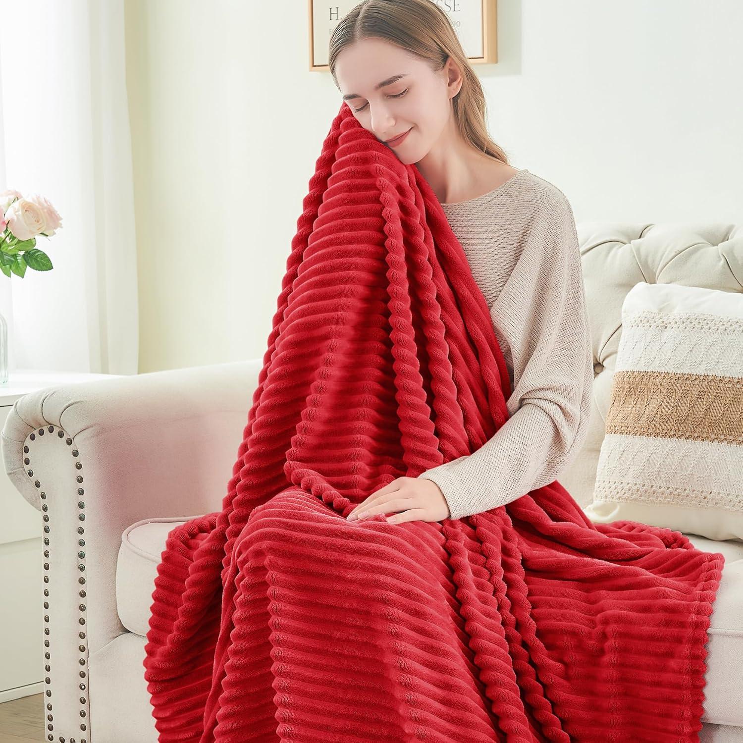 Red 3D Ribbed Fleece Reversible Throw Blanket 50x60 inches