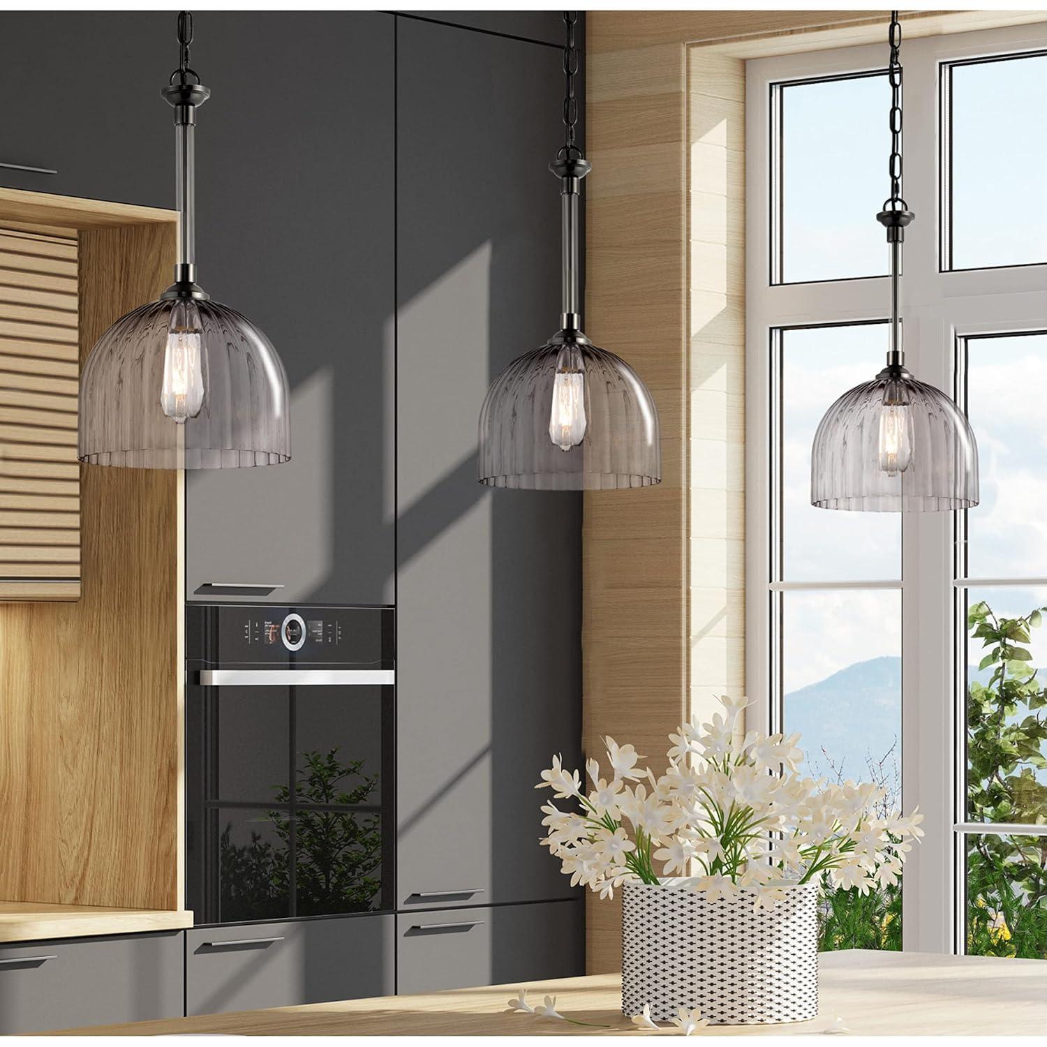 Westinghouse Lighting 6130300 Camrose One Light Indoor Pendant, Gun Metal & Smoke Grey Ribbed Glass