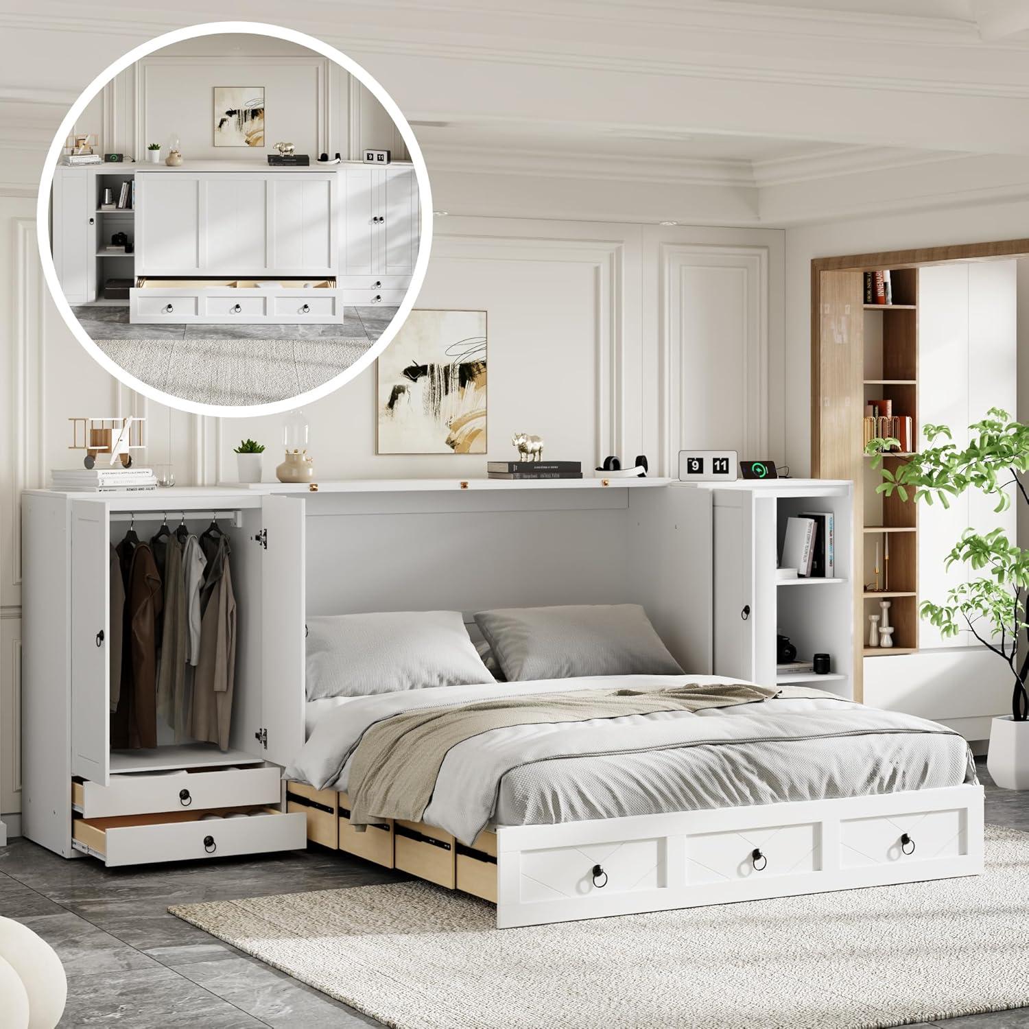 Queen Size Murphy Bed Wall Bed, Solid Pine Murphy Bed Chest Cube Cabinet Bed with USB, Charging Station, Bookshelves and Storage Wardrobes and Drawers for Home Office or Small Room-White