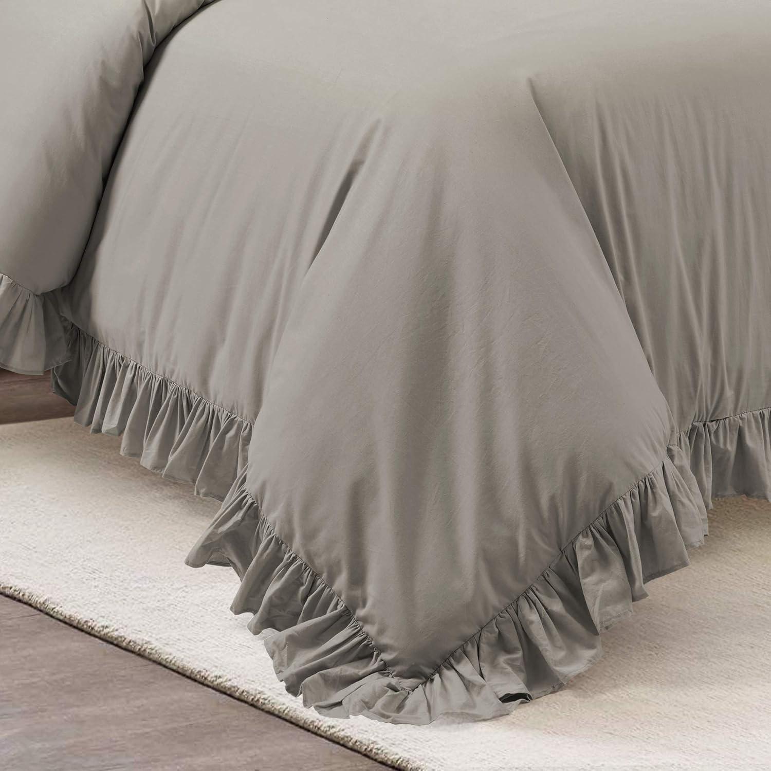 King Gray Cotton Ruffled Duvet Cover Set