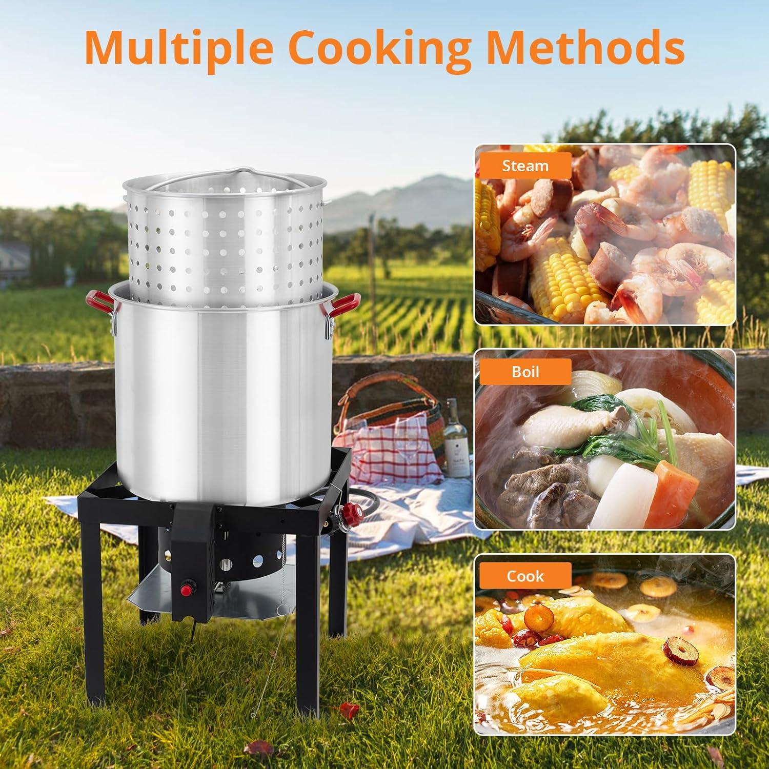 TROPOW 100 Qt Seafood Boil Pot,ACONEE Aluminum Crawfish Boiler w/Steam/Boil Basket & Strainer,110000 BTU Propane Stove Burner with Lifting Hook,10 PSI Regulator,Outdoor Cooking Shrimp Crab Boiler
