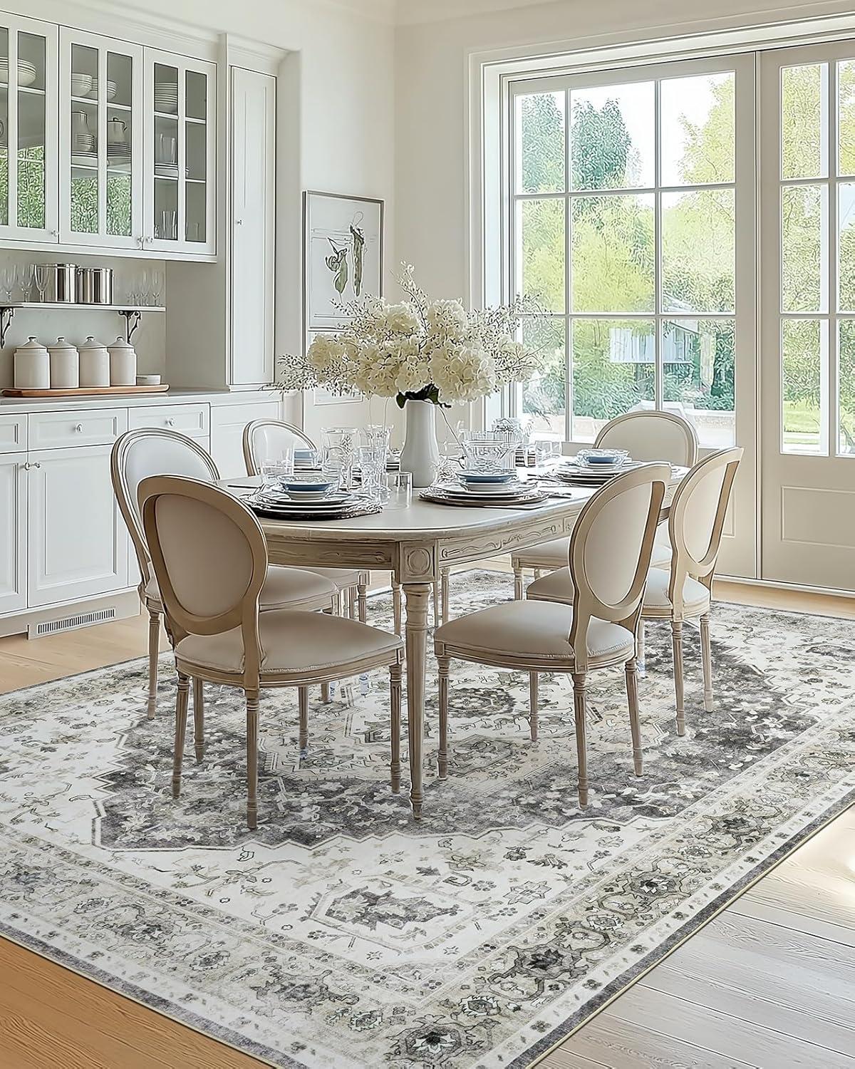 Garvee 9' x 12' Large Rug Vintage Persian Area Rugs Distressed Print Carpet Floral Pattern Rug No-Slip Low Pile Rug Living Room Bedroom Rug, Gray