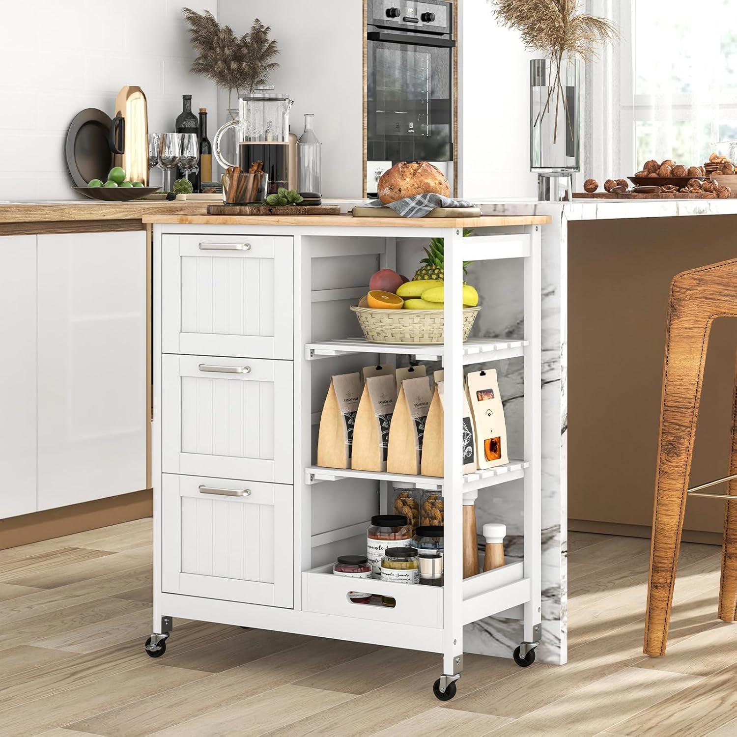 Kitchen Storage Island Cart on Wheels, Kitchen Rolling Trolley Cart with 3 Drawers and Shelves, 360° Wheels & Detachable Tray, Kitchen Island for Dining Room, Living Room & Bedroom