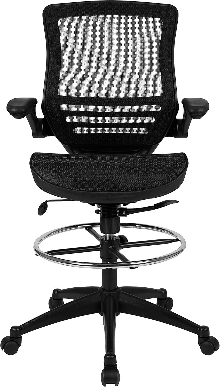 Flash Furniture Mid-Back Transparent Mesh Drafting Chair with Flip-Up Arms