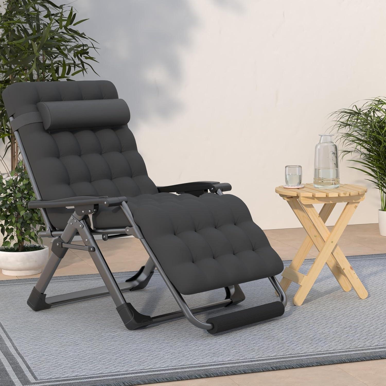 Black Oversized Zero Gravity Lounger with Cushions and Cup Holder