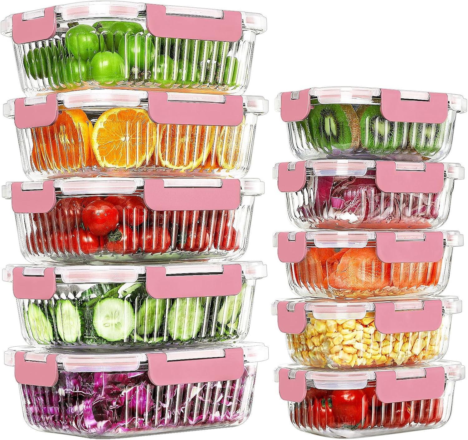 Pink Glass Meal Prep Containers with Airtight Lids, Set of 10