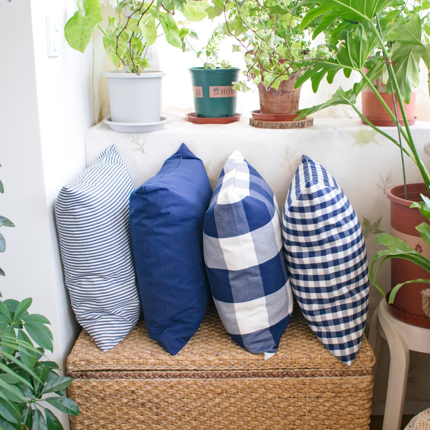 Navy Blue and White Plaid Cotton Pillow Covers Set of 4