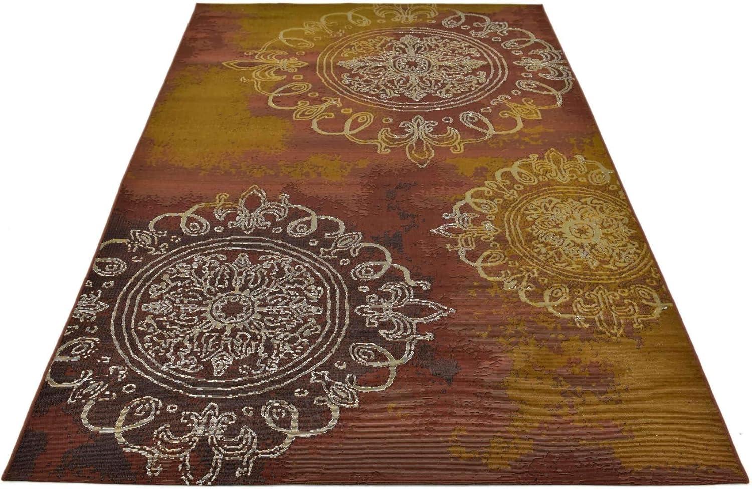 Rust Red and Gold Medallion Easy-Care Outdoor Rug - 5'3" x 8'