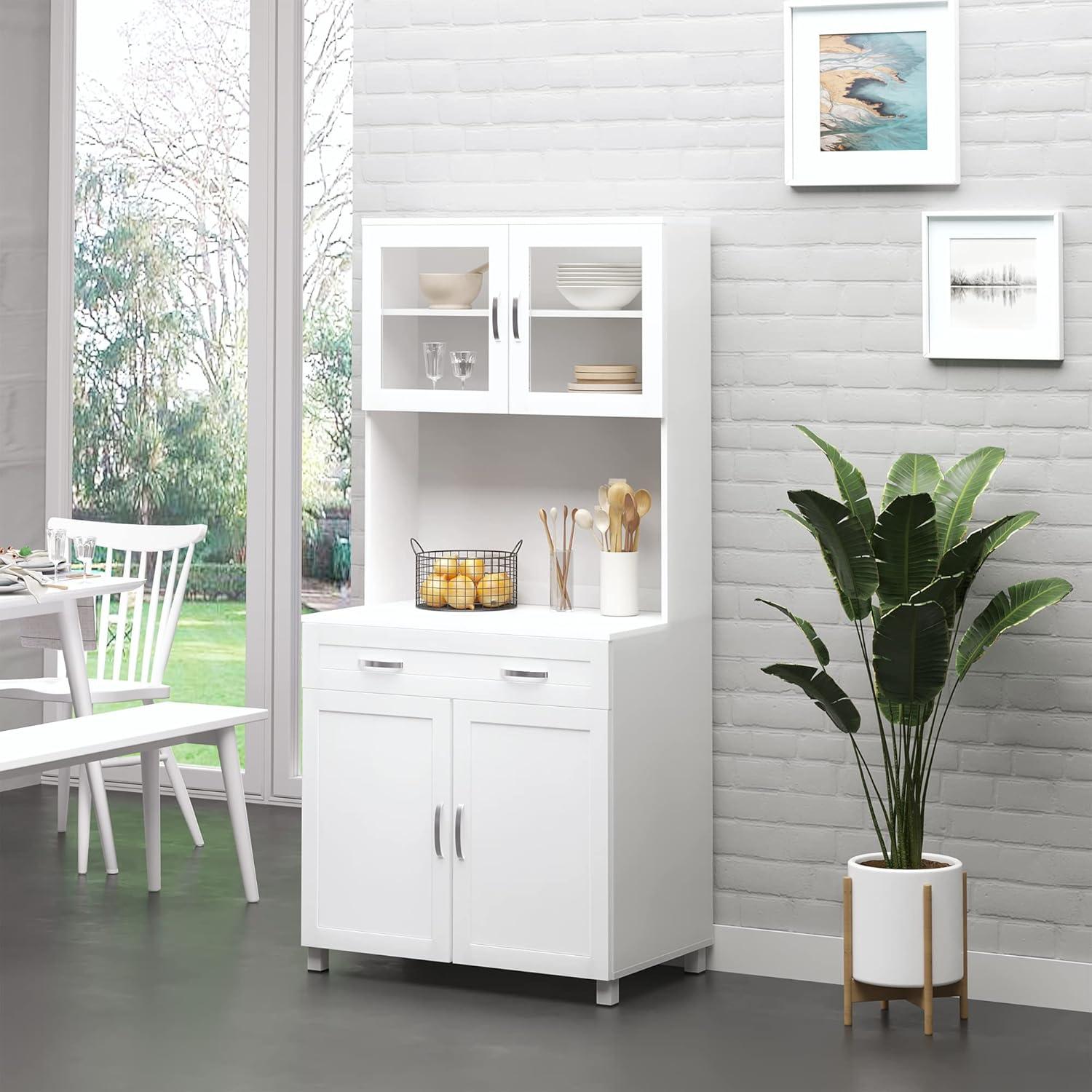 Modern White Kitchen Hutch with Glass Doors and Ample Storage