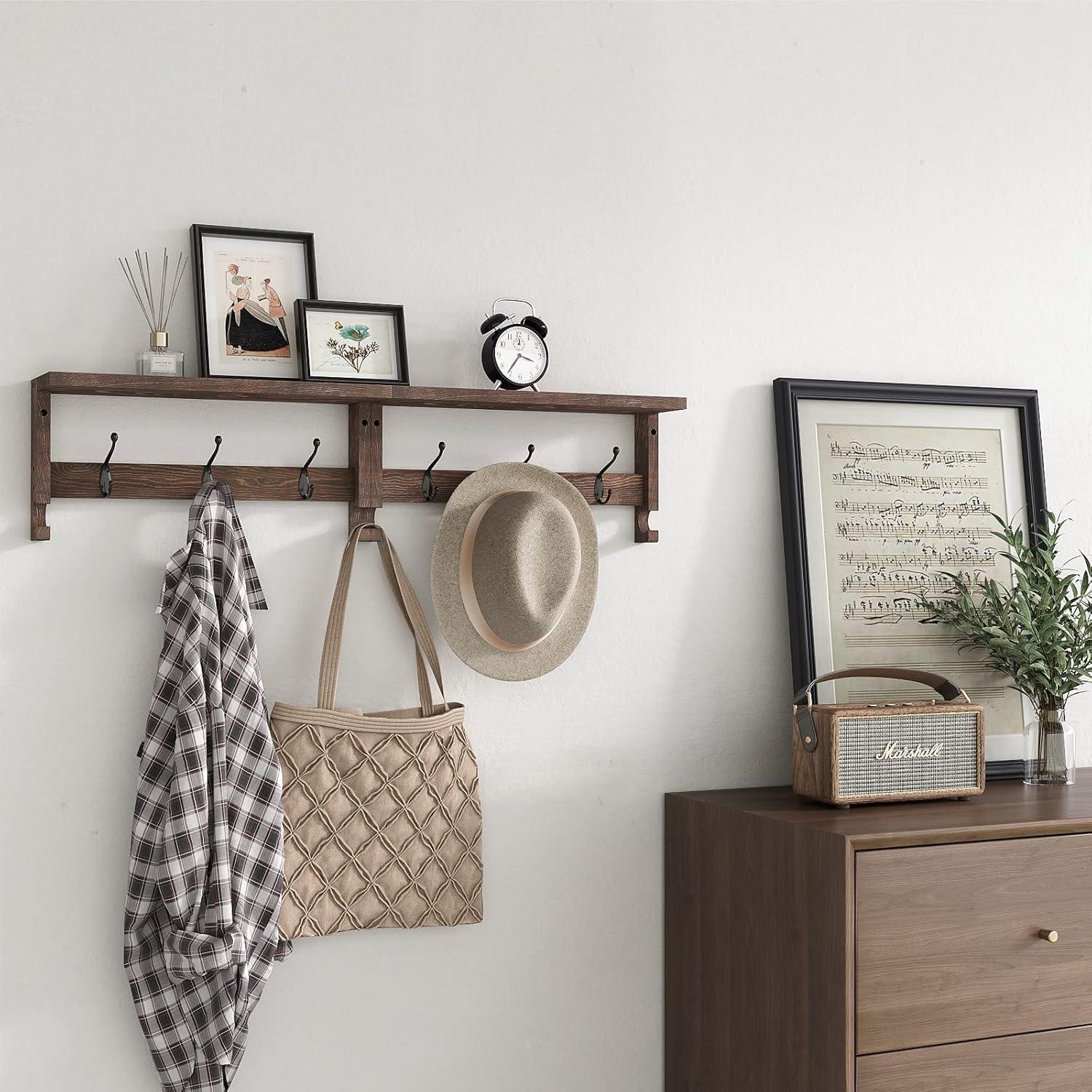 Brown Wood Wall-Mounted Entryway Shelf with Hooks