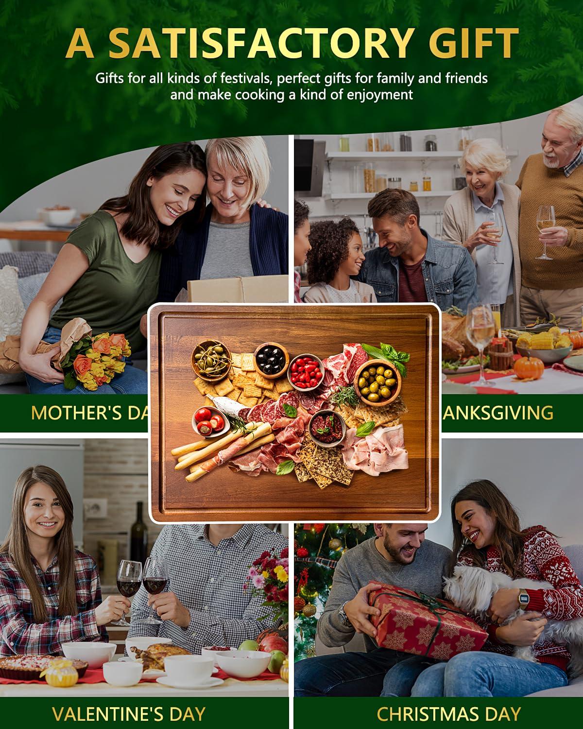 Extra Large Wood Cutting Board 24 x 18 inch, Thick Butcher Block, Reversible Wooden Kitchen Block with Side Handles and Juice Grooves