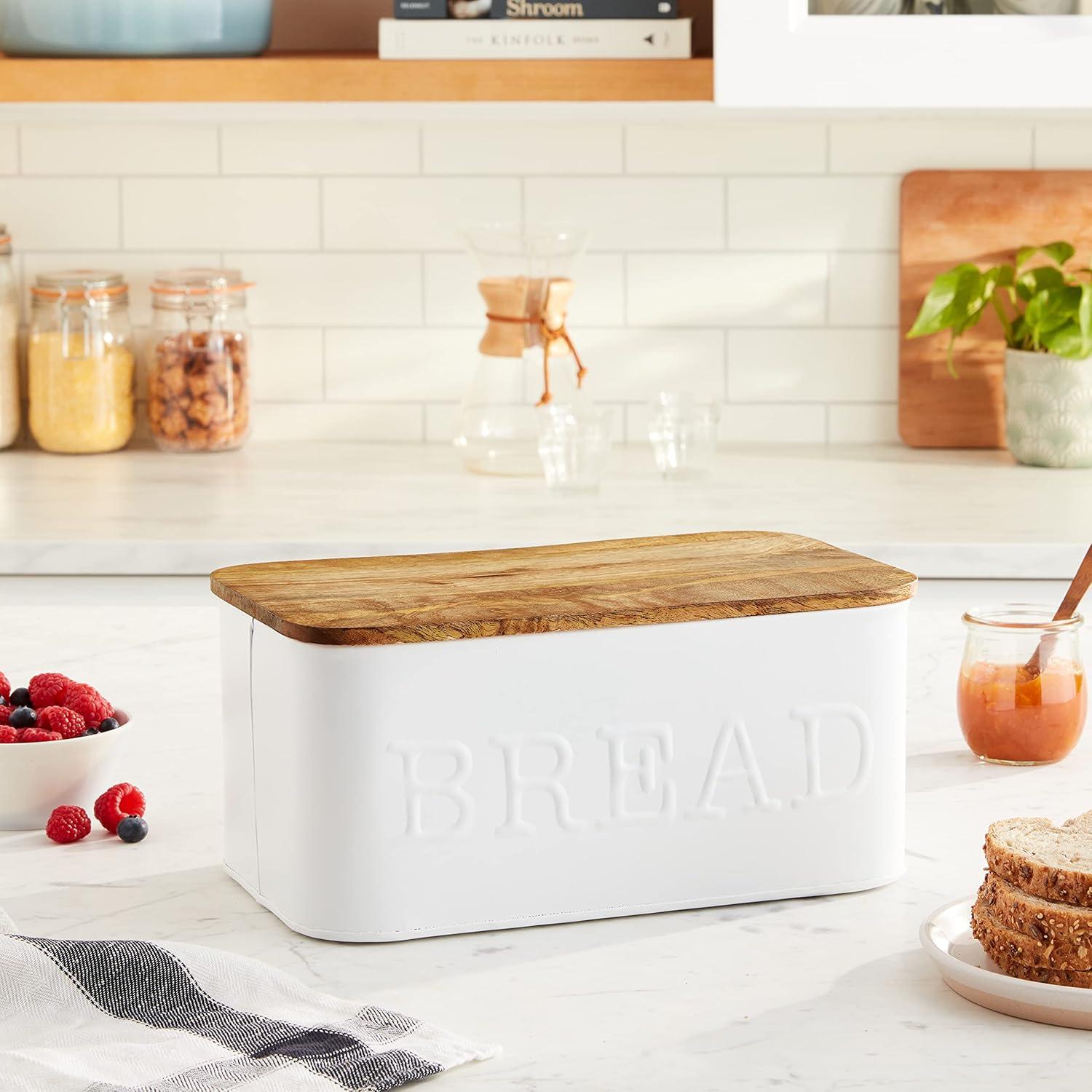 White Enamel Rectangular Bread Box with Mango Wood Lid