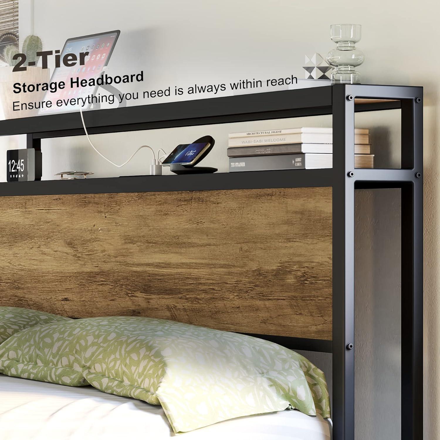 VANACC Metal Wood King Size Bed Frame with 2-Tier Storage Headboard and Charging Station, Light Brown