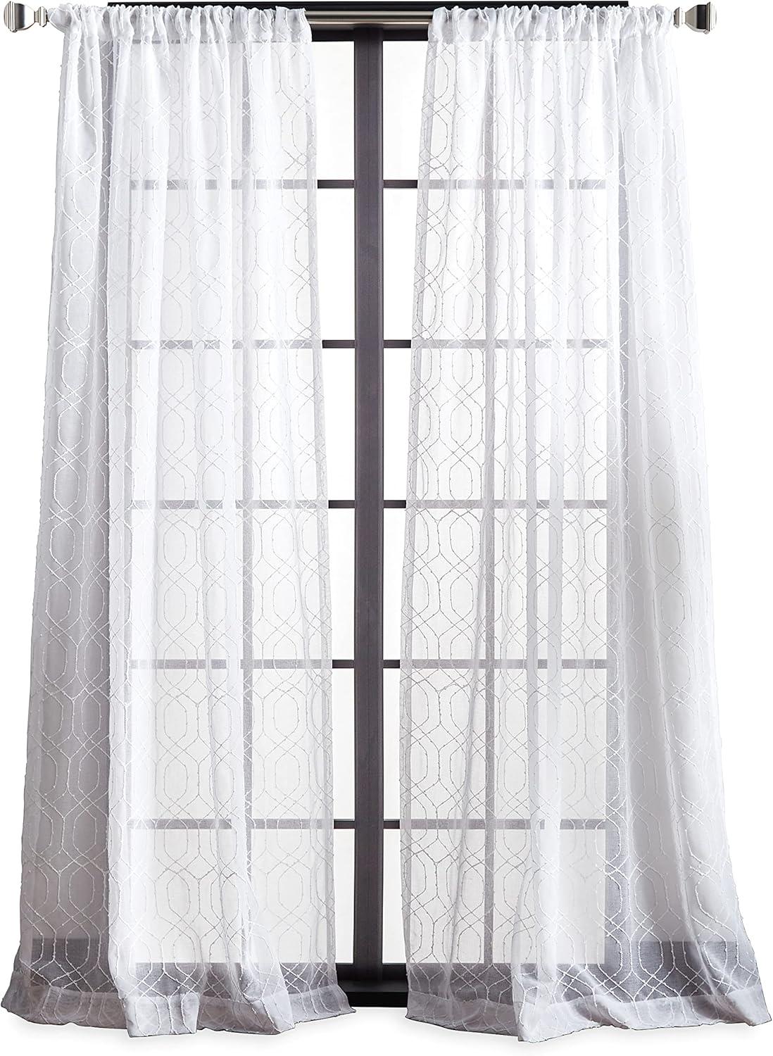 White Sheer Embroidered Rod Pocket Window Curtain Panels, 84"