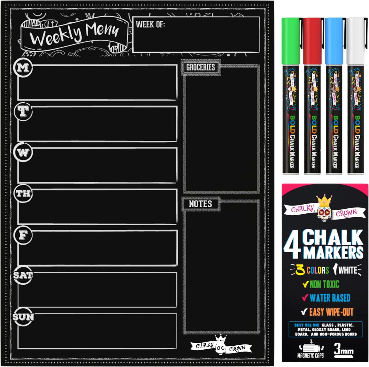 CHALKY CROWN Magnetic Dry Erase Menu Board for Fridge with 4 Liquid Chalk Markers