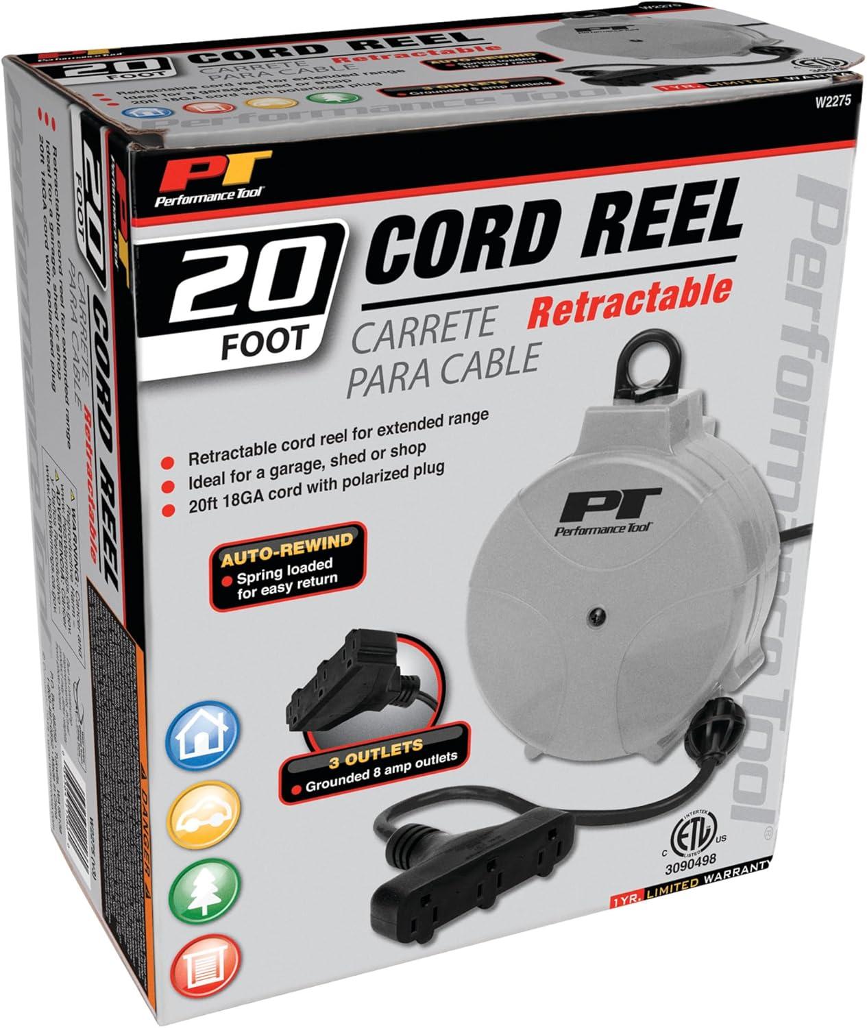 Gray 20' Retractable Cord Reel with Auto-Rewind