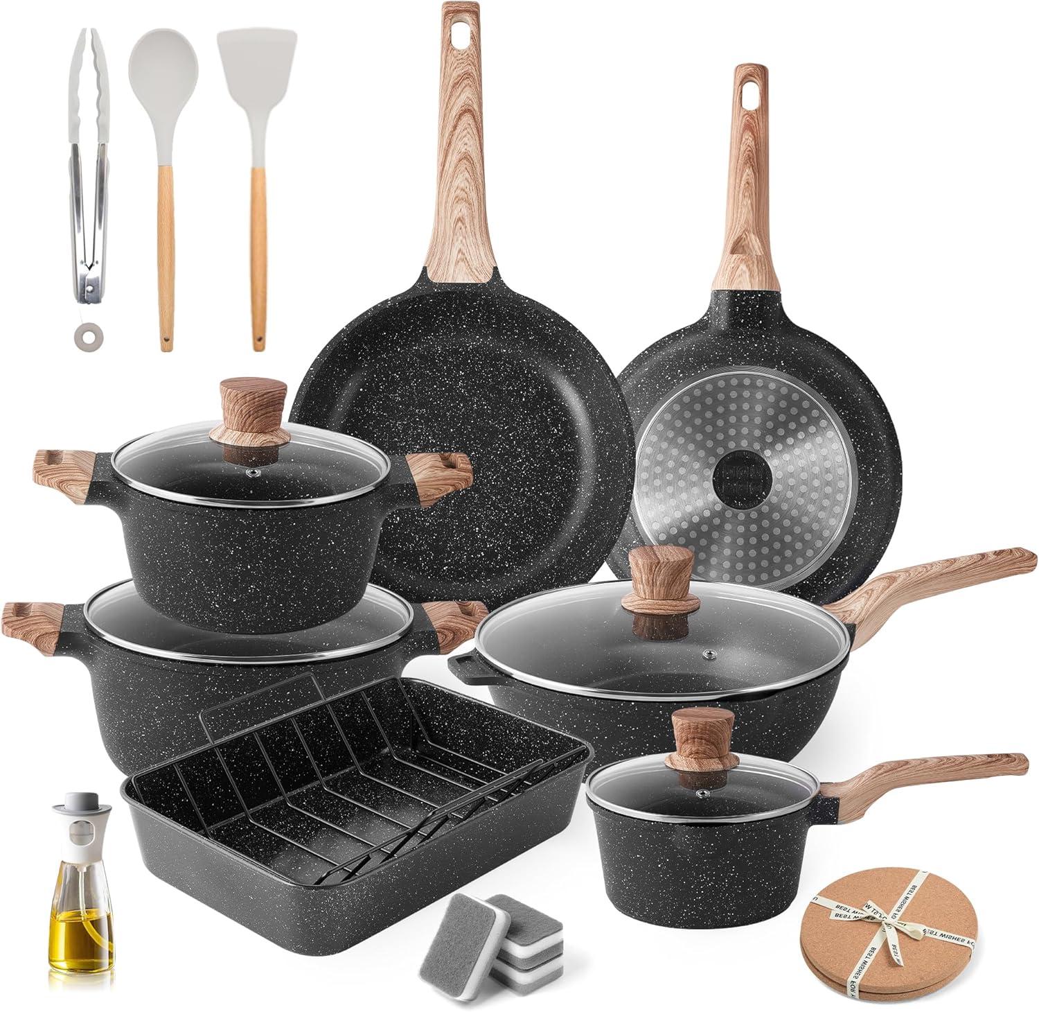 20-Piece Classic Black Granite Nonstick Aluminum Cookware Set