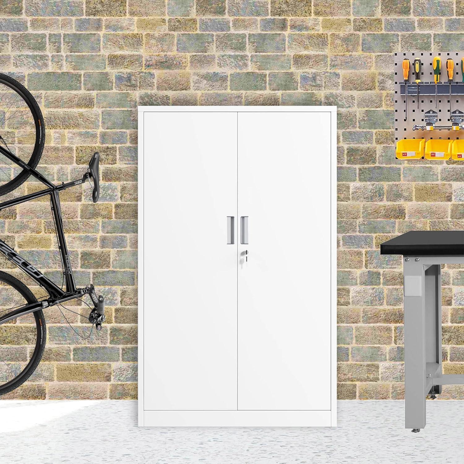 Metal Storage Cabinets with Shelves and Doors, Sideboard Buffet Cabinet for Kitchen, Entryway, Living Room, Home Office, Garage, Utility Room and Basement, 36.2" H x 31.5" W x 15.7" D (White)