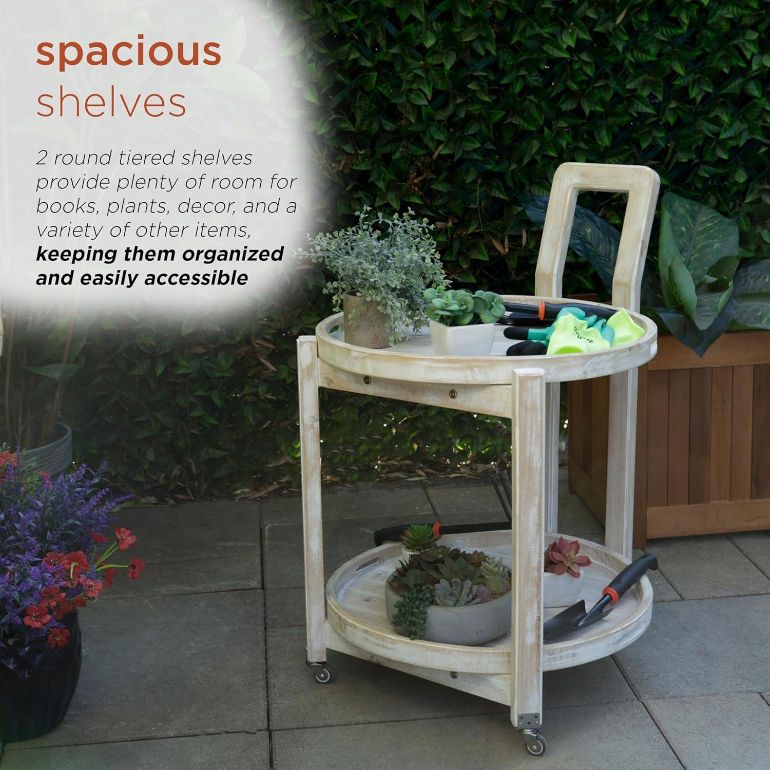 Alpine Corporation MBB172 Wood 2-Tier Rolling Storage Cart for Books, Plants, Decor, Rustic Storage Push Cart with 2 Shelves