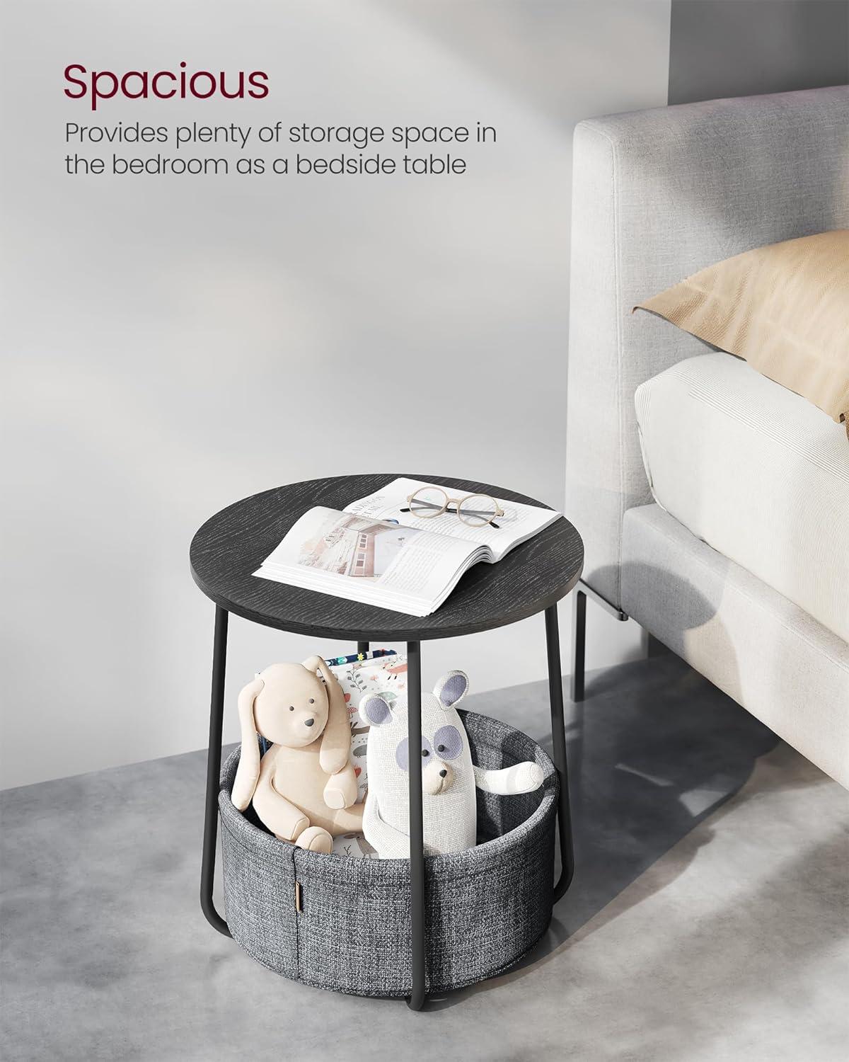 Ebony Black Round Metal Side Table with Fabric Basket