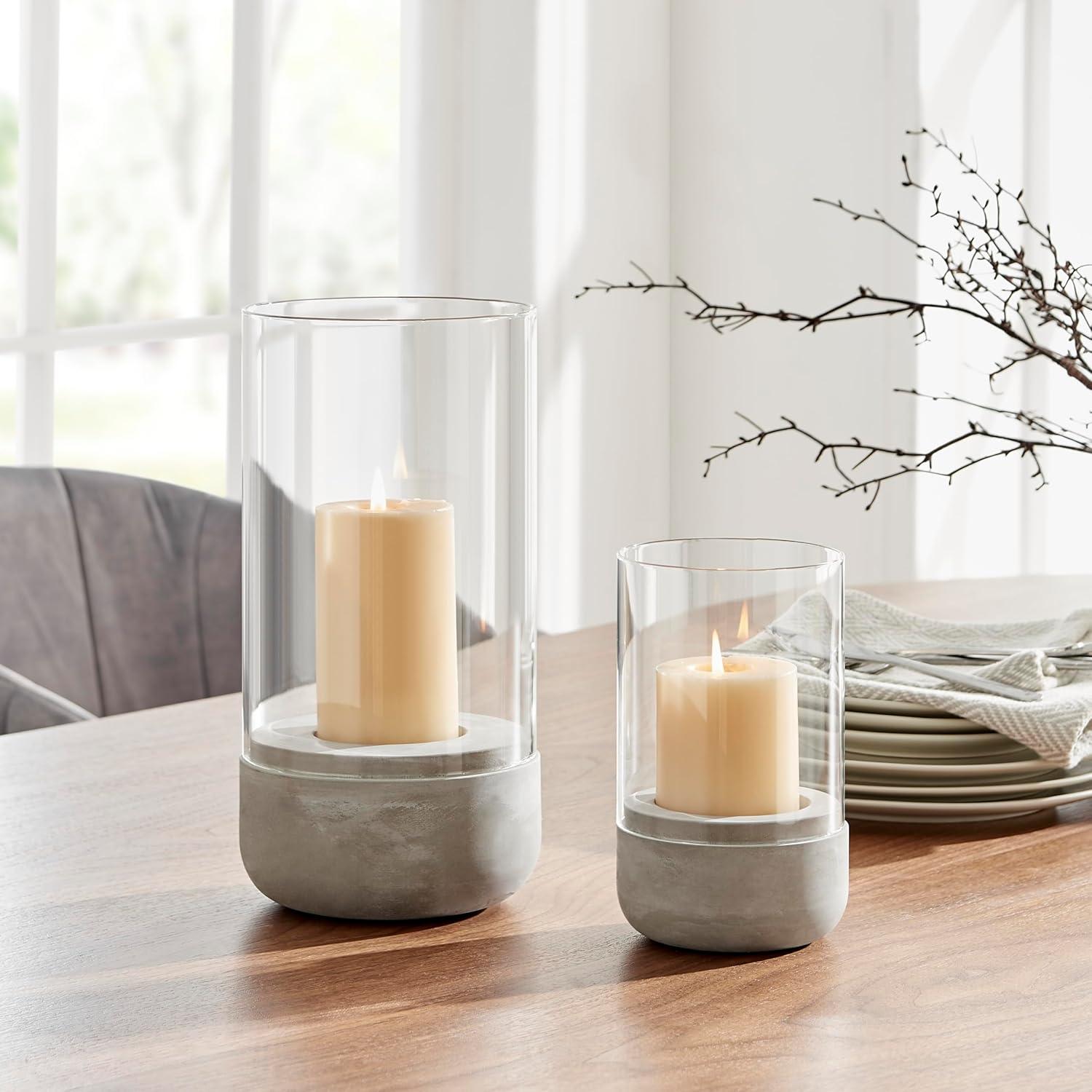 Large Clear Glass and Gray Cement Hurricane Candle Holder