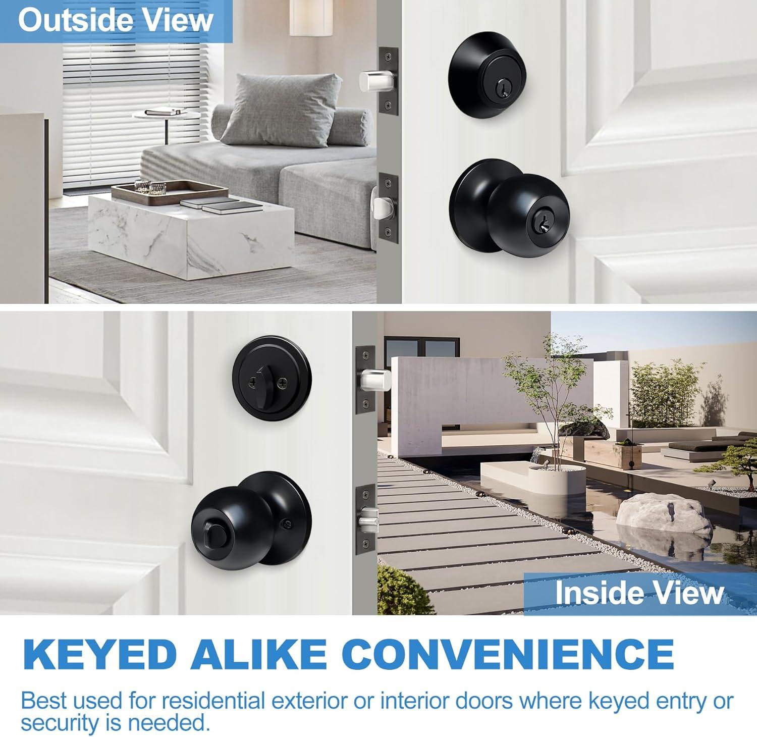 3 Pack Keyed Alike Entry Door Knobs and Single Cylinder Deadbolt Lock Combo Set Security for Entrance and Front Door with Classic Matte Black Finish