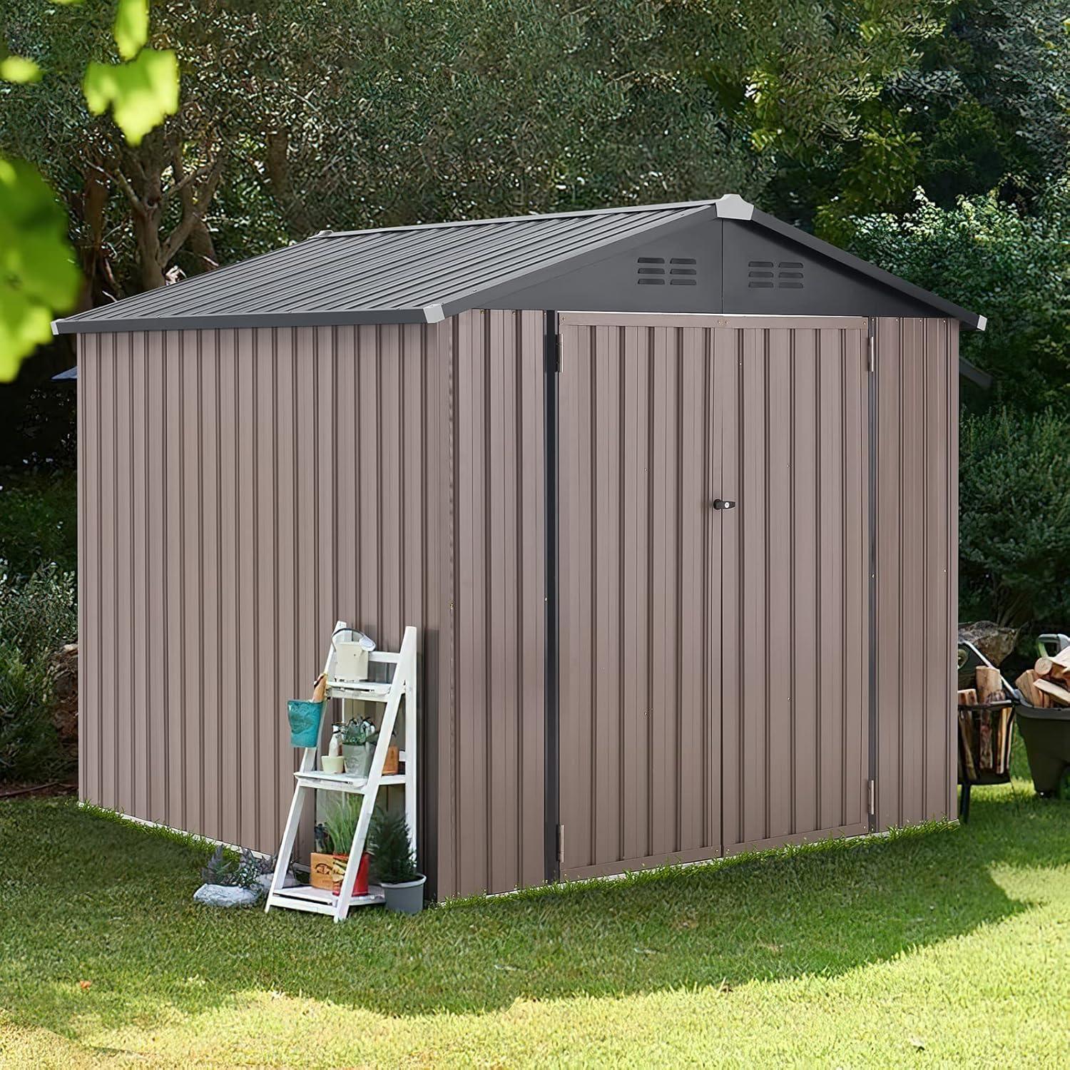 U-MAX 8' x 10' Shed Outdoor Storage Shed Clearance, Extra Large Yard Steel Metal Garden Shed with Design of Lockable Doors, Tool and Utility Storage for Backyard, Garden, Patio, Outside use in Taupe