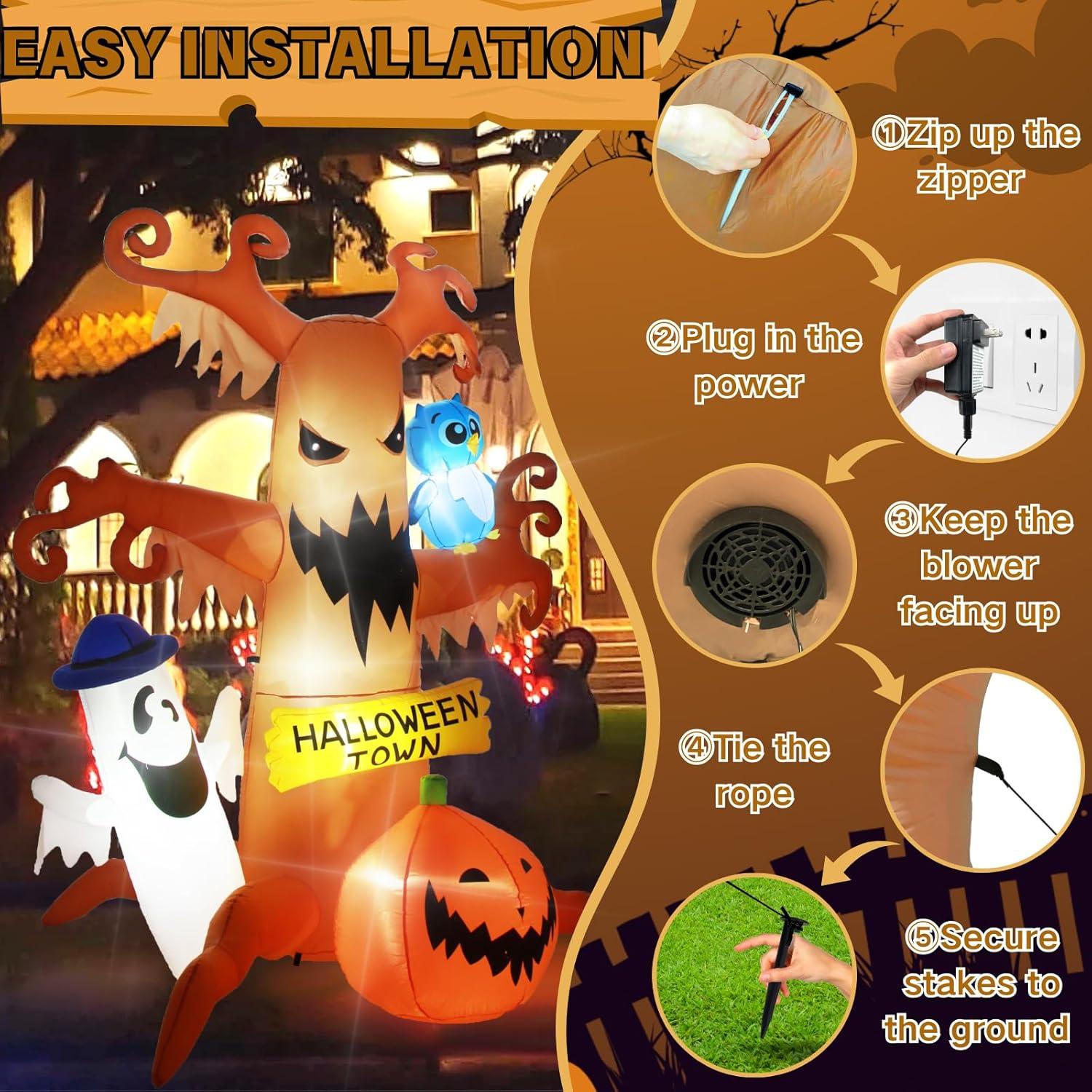 8FT Halloween Inflatable Dead Tree with Ghost and Pumpkin