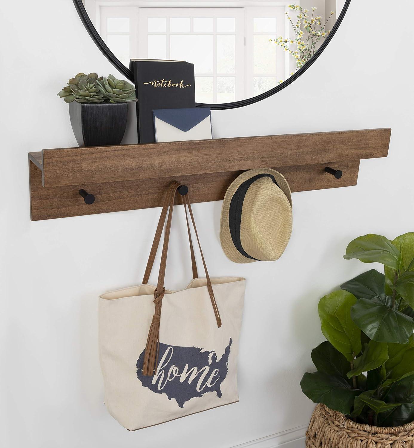 Natural Wood Wall Shelf with 4 Black Knobs