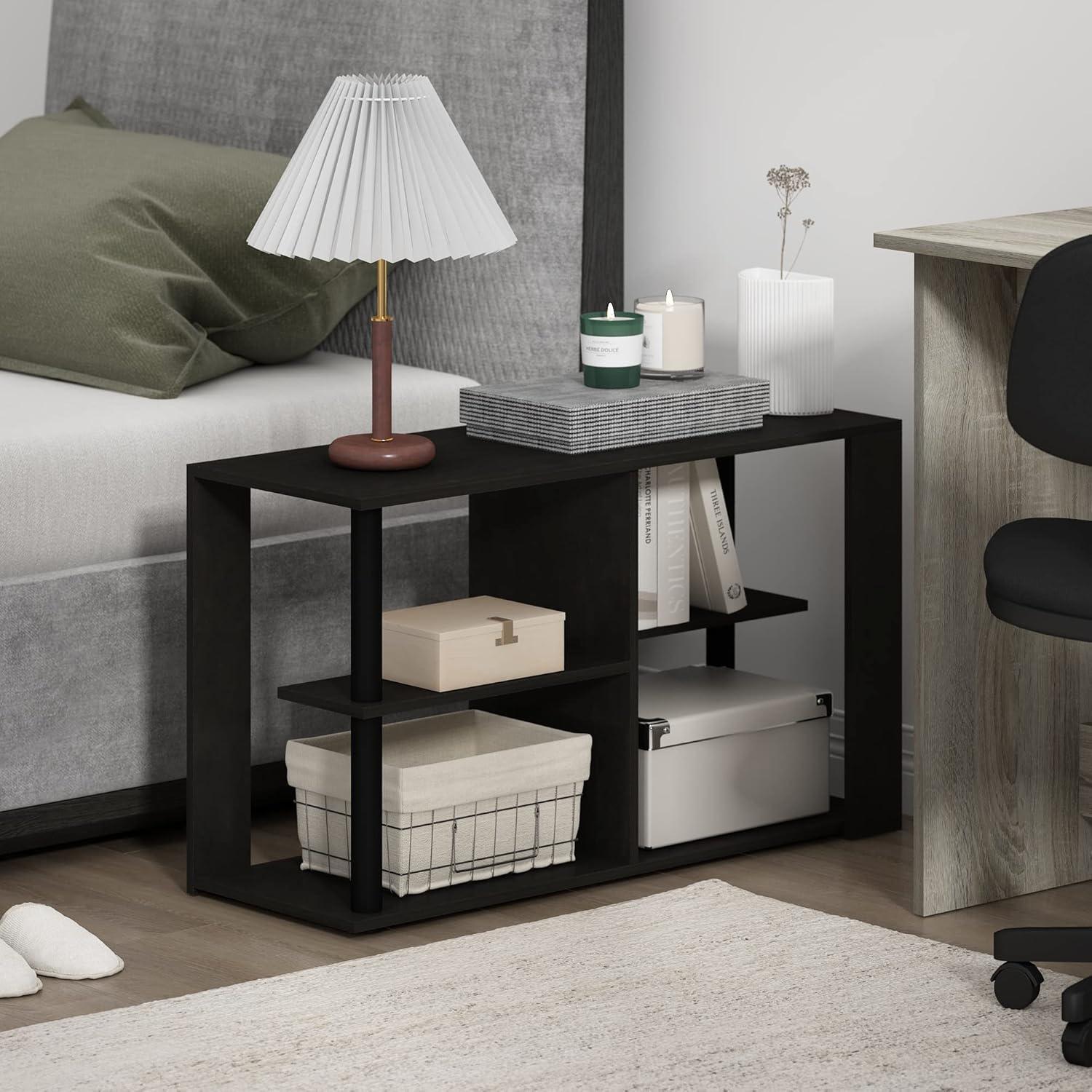 Sleek Black Rectangular End Table with Storage Shelves