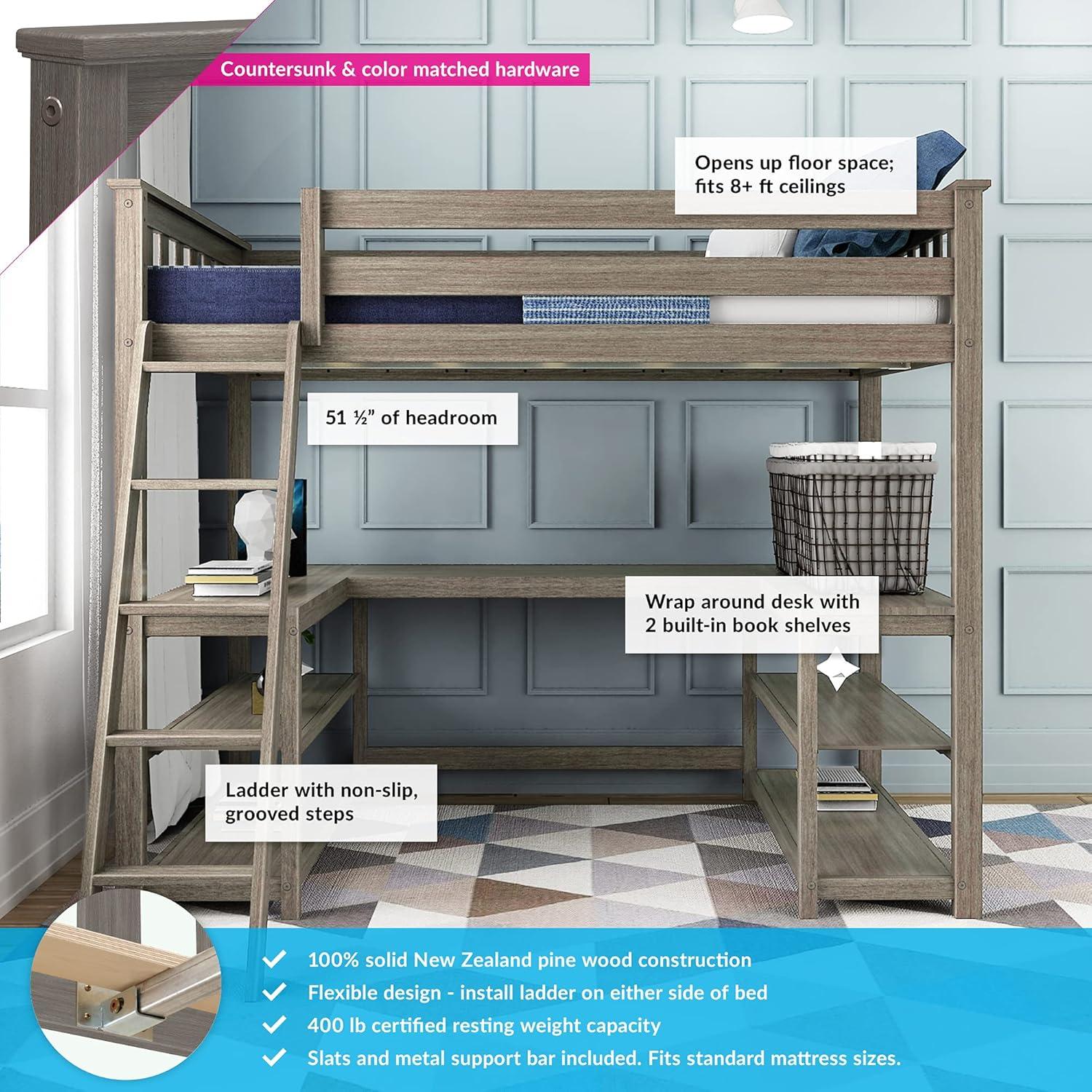 Max & Lily Loft Bed, Solid Wood Twin High Loft Bed with Bookcase and Desk for Kids, White