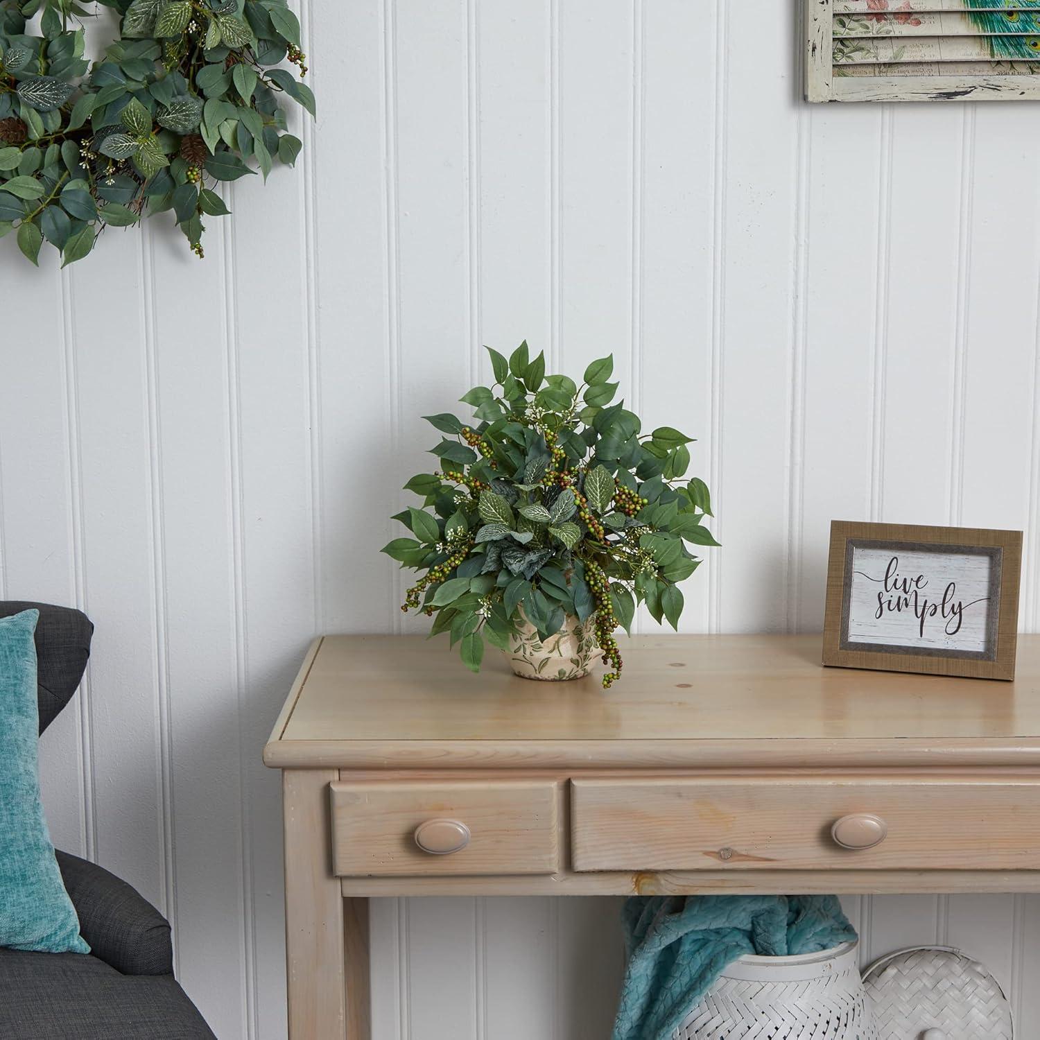 Nearly Natural Mixed Ficus, Fittonia and Berries Artificial Plant in Floral Vase