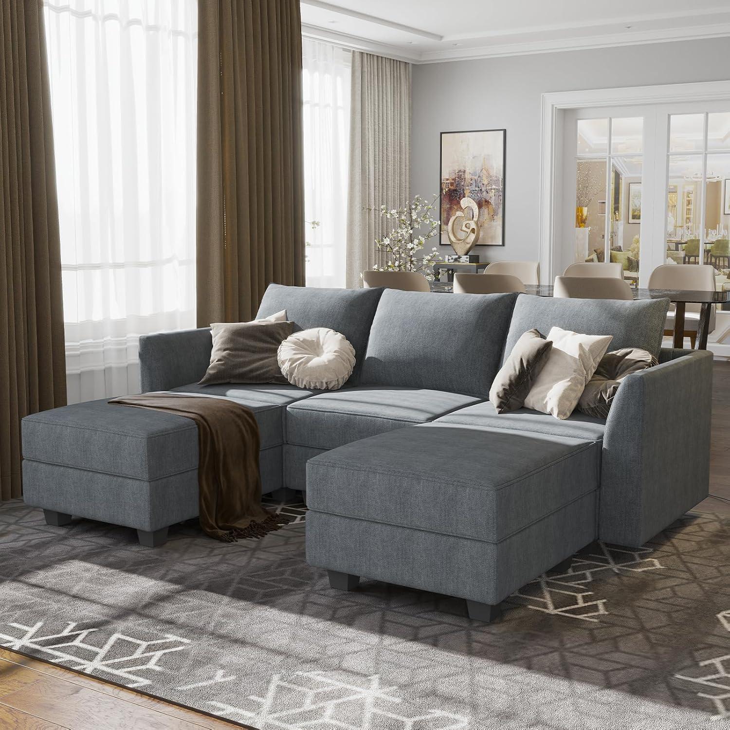 HONBAY Modular Sectional Sofa with Reversible Chaises Sofa with Ottomans U Shaped Sectional Couch for Living Room, Bluish Grey