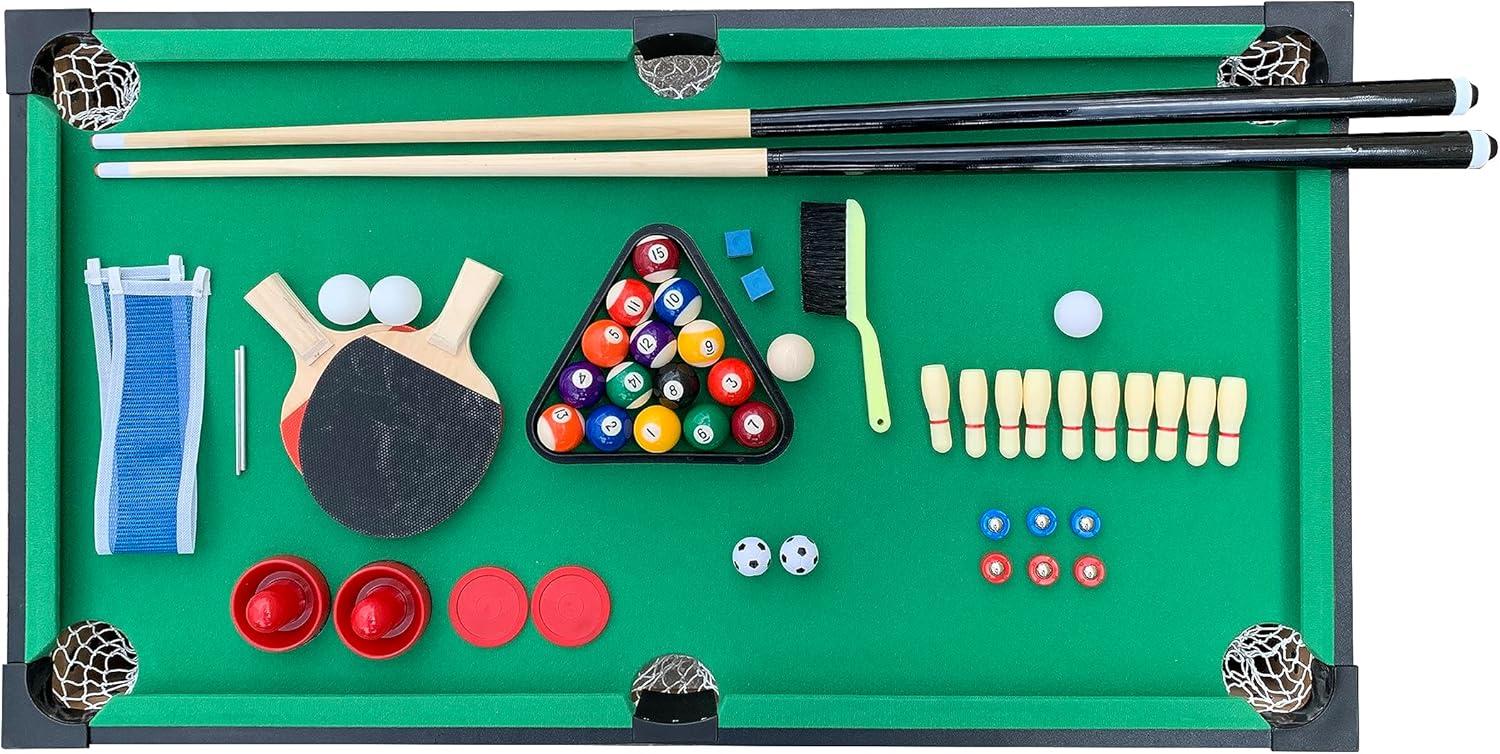 KICK Hexad 48″ 6-in-1 Multi Game Table (Black) - Combo Game Table Set - Billiards, Foosball, Glide Hockey, Table Tennis, Mini-Shuffleboard, and Mini-Bowling for Home, Game Room, Friends and Family!