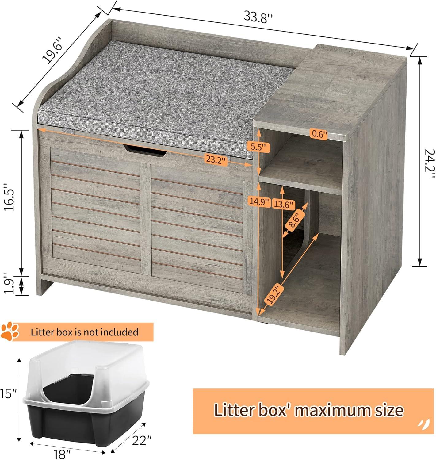 Litter Box Enclosure with Top Opening with Cushion, Cat Litter Box Furniture Hidden, Litter Box Hidden, Cat House, Privacy Cat Litter Box Cabinet Grey
