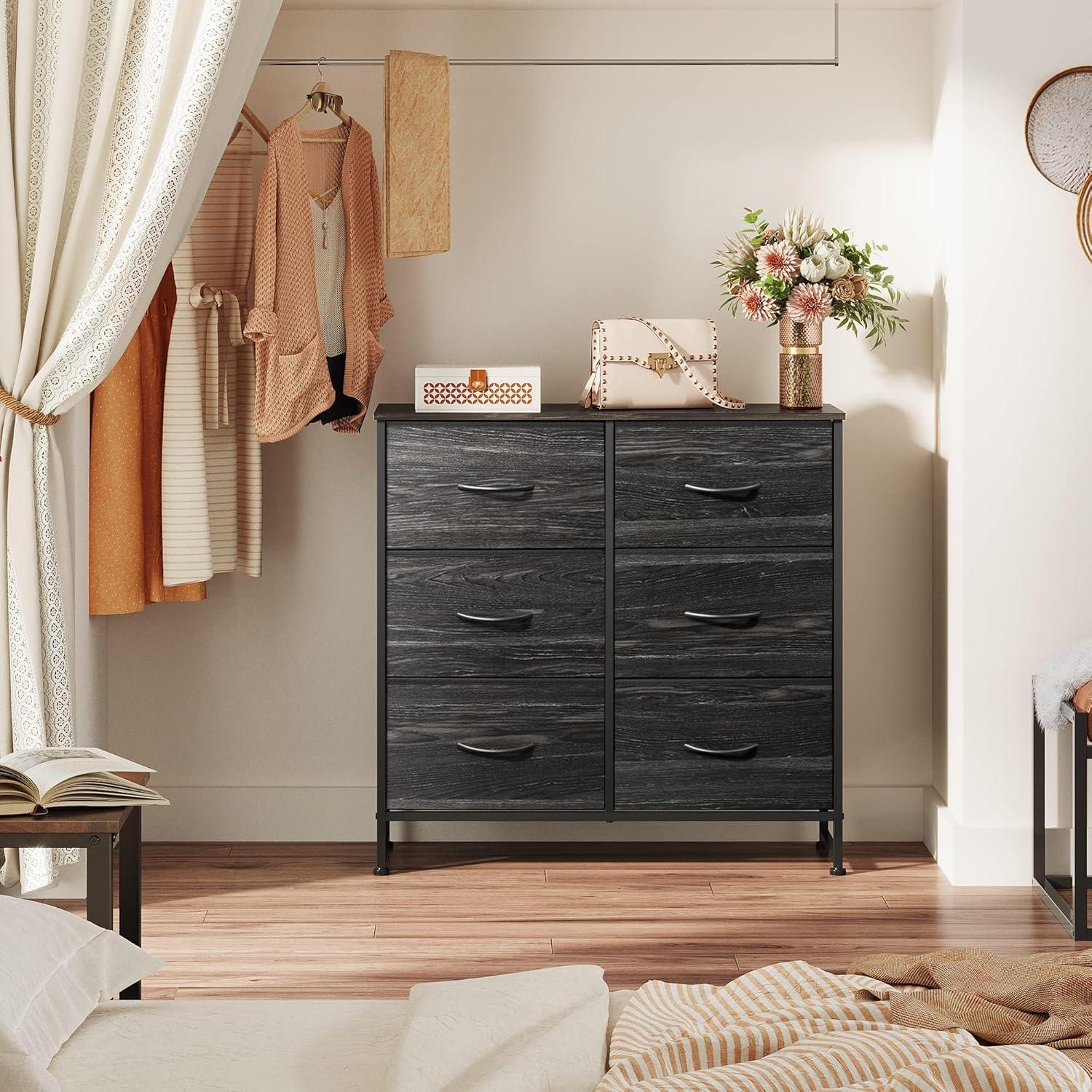 Black Double Industrial Dresser with Dark Wood and Fabric Drawers