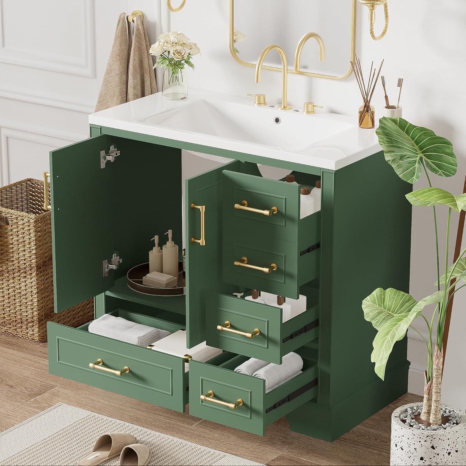 36-Inch Green Freestanding Bathroom Vanity with Resin Sink and Gold Handles