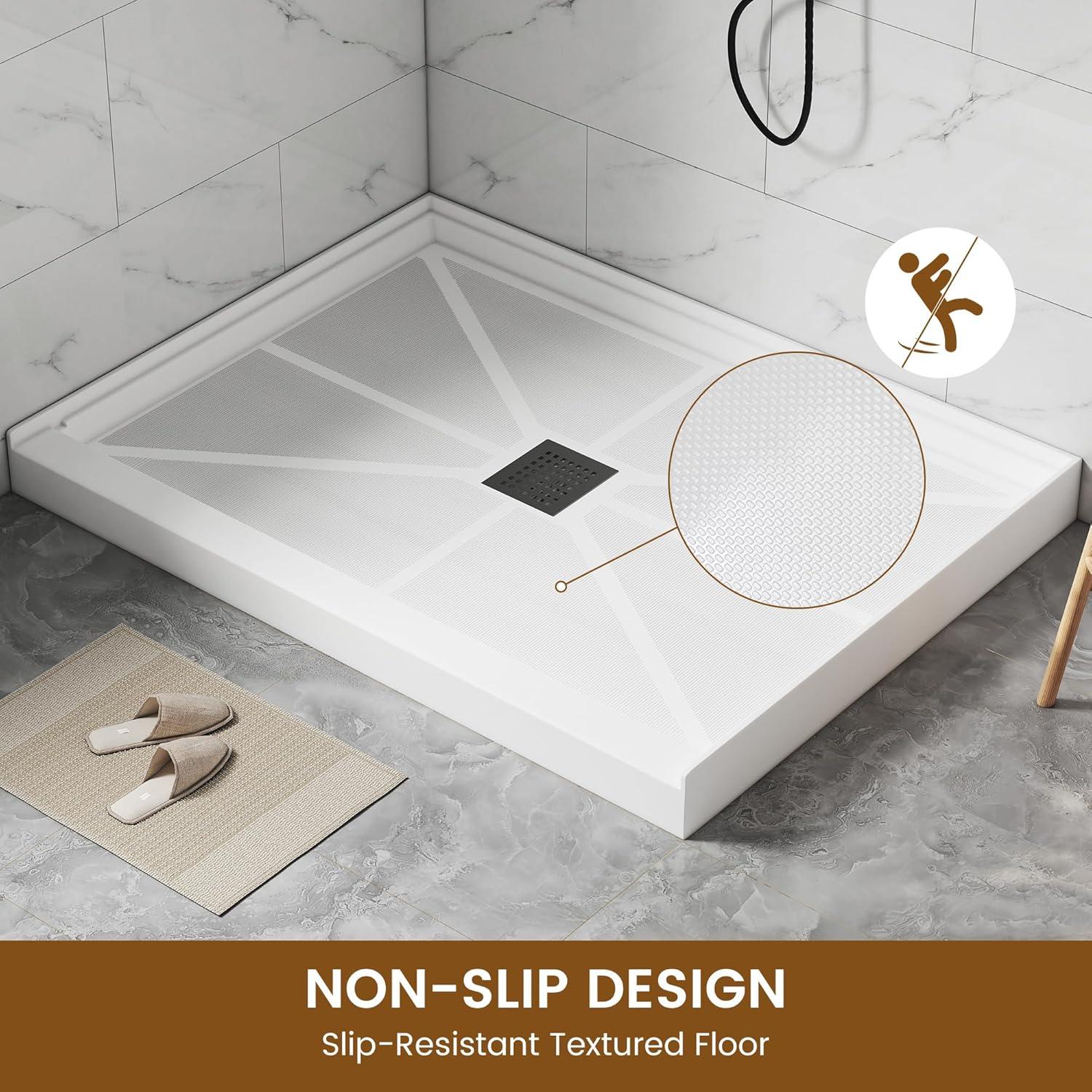 CASAINC 60"W 30/32"D Single Threshold SMC Shower Base Anti-Slip Shower Pan with Drain Assembly & Drain Cover CABR2501WH6030R