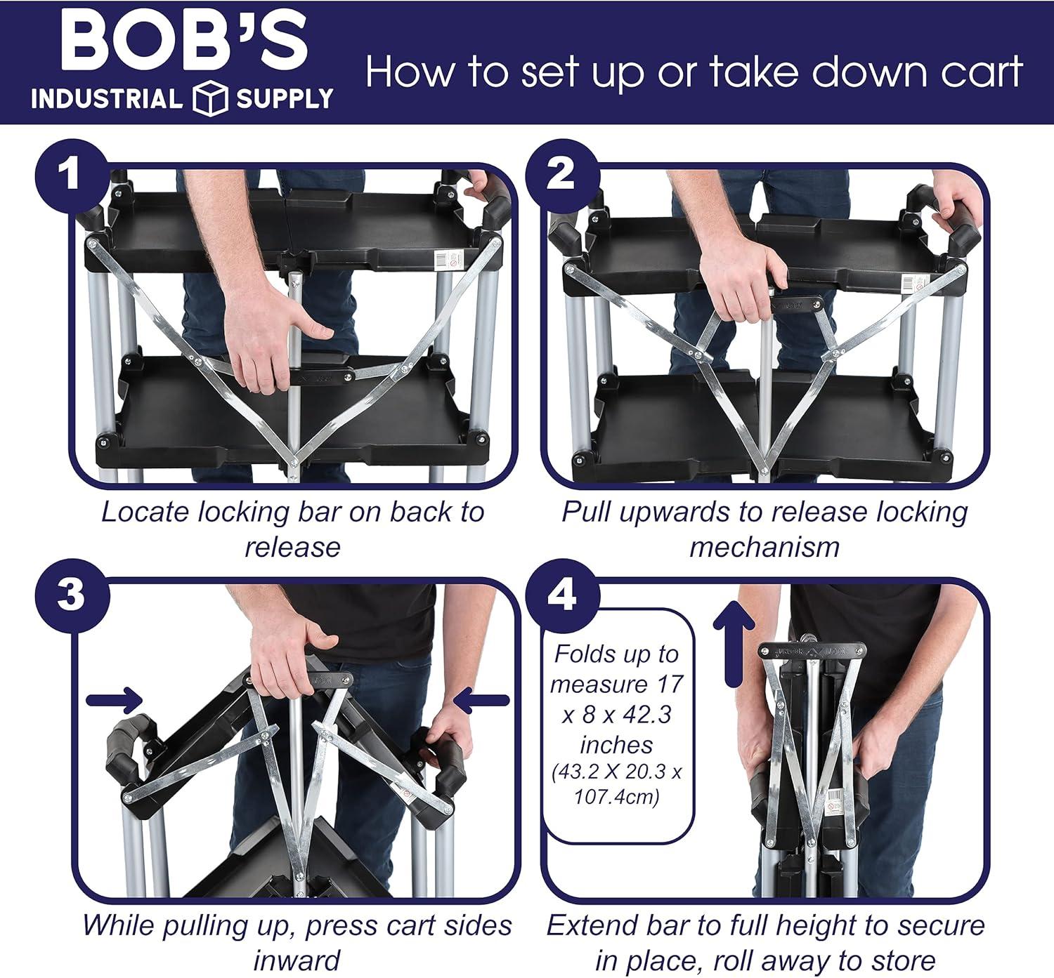 BISupply Rolling Cart - Collapsible 3 Tier Cart for Restaurant and Office