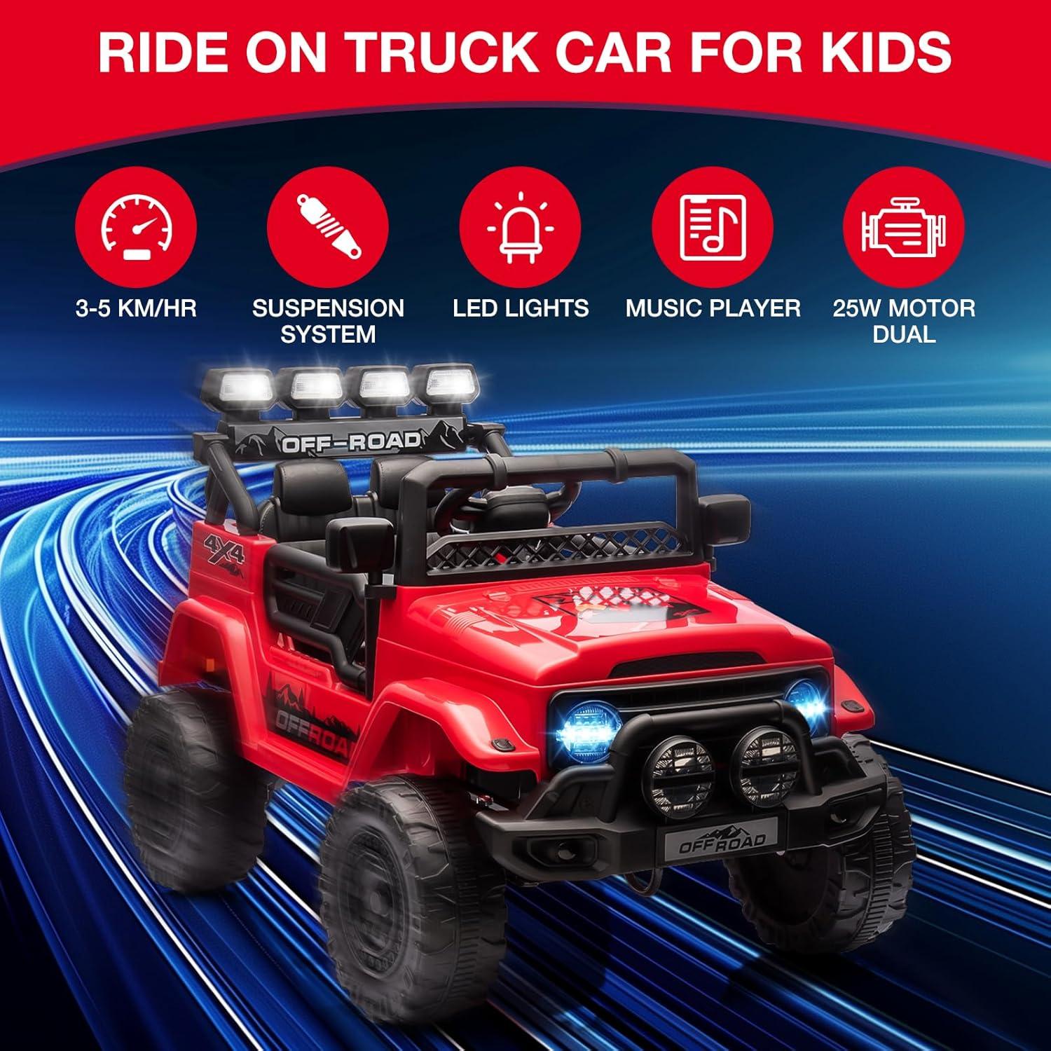 Ride On Truck Car 12V, Electric Vehicle w/Remote Control, 3 Speeds, LED Lights, Music, Spring Suspension, Ride on Car for Kids