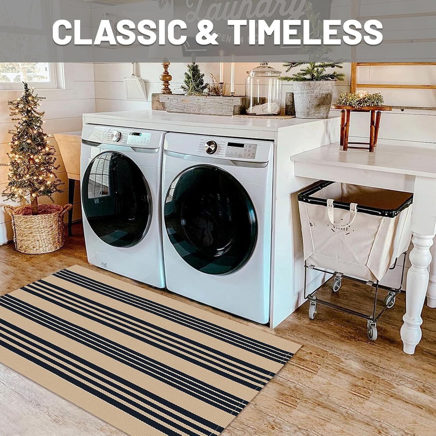 IOHOUZE Navy and White Striped Rug 2'x3' Front Door Rugs, Small Washable Area Rug for Front Porch, Spring Summer Doormats Outdoor Indoor, Cotton Rugs for Entryway Porch Entrance